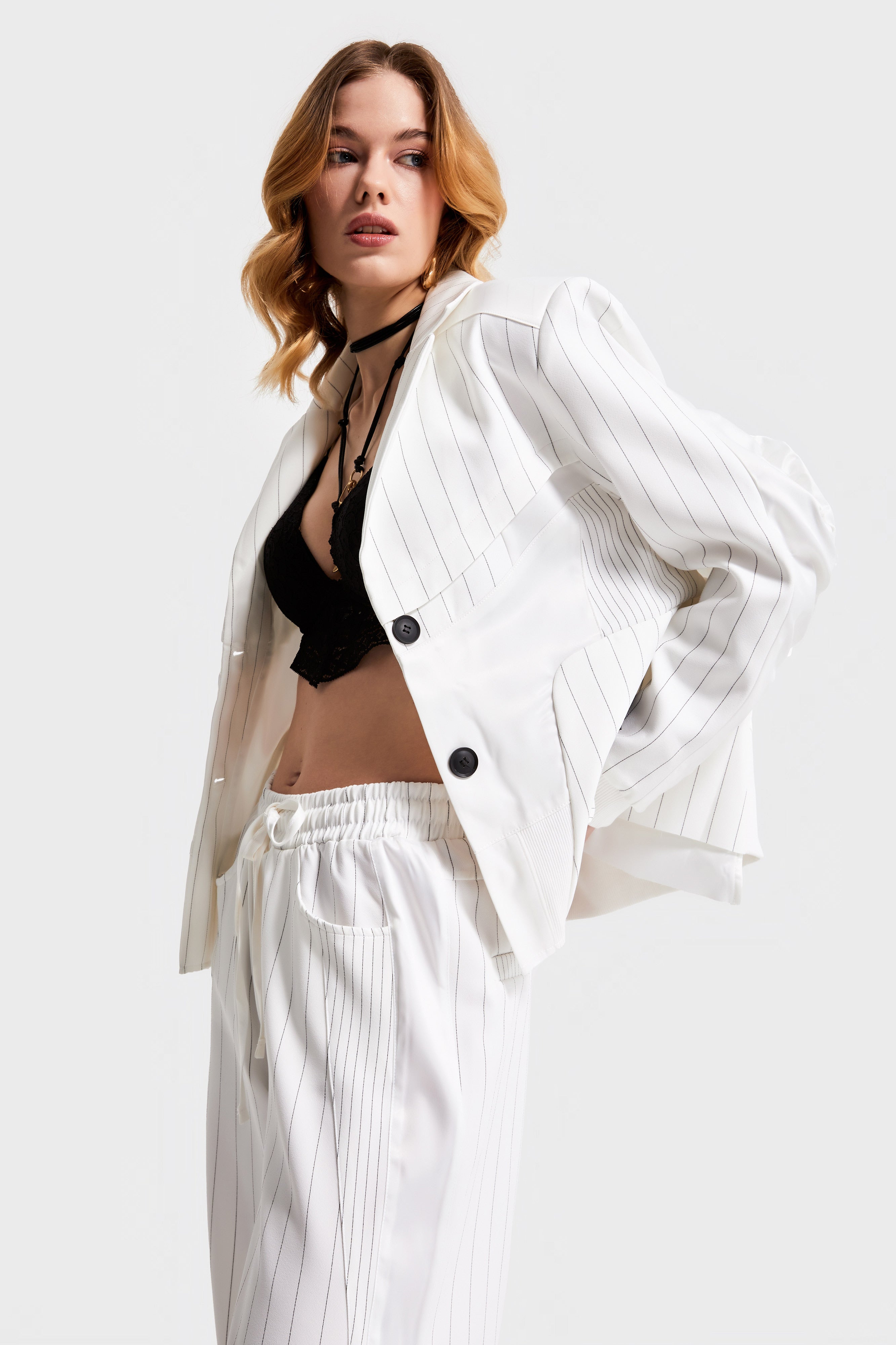 Women's White Striped Color Double Breasted Design Jacket