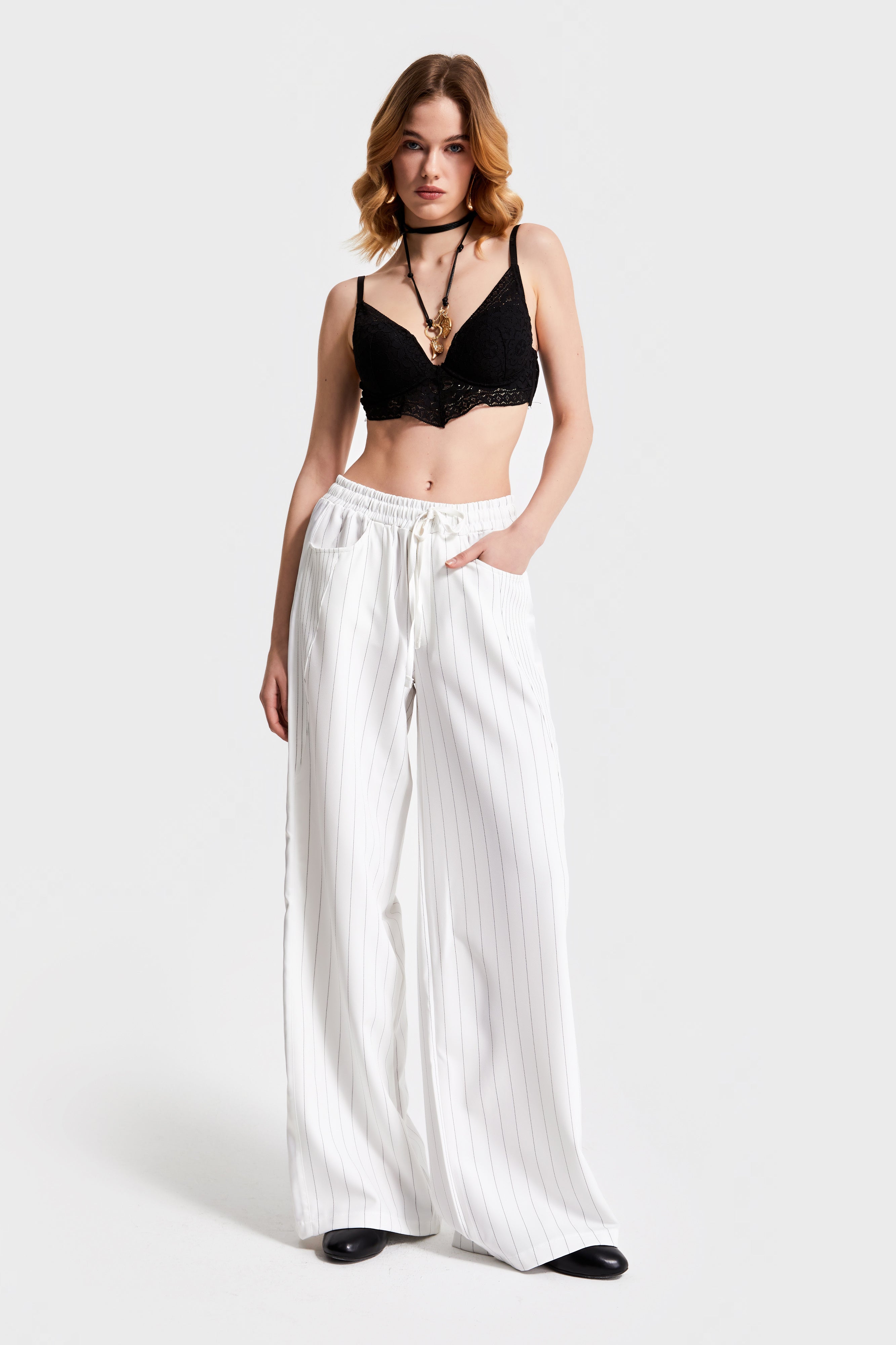 Women's White Striped Color Palazzo Fit Design Fabric Trousers