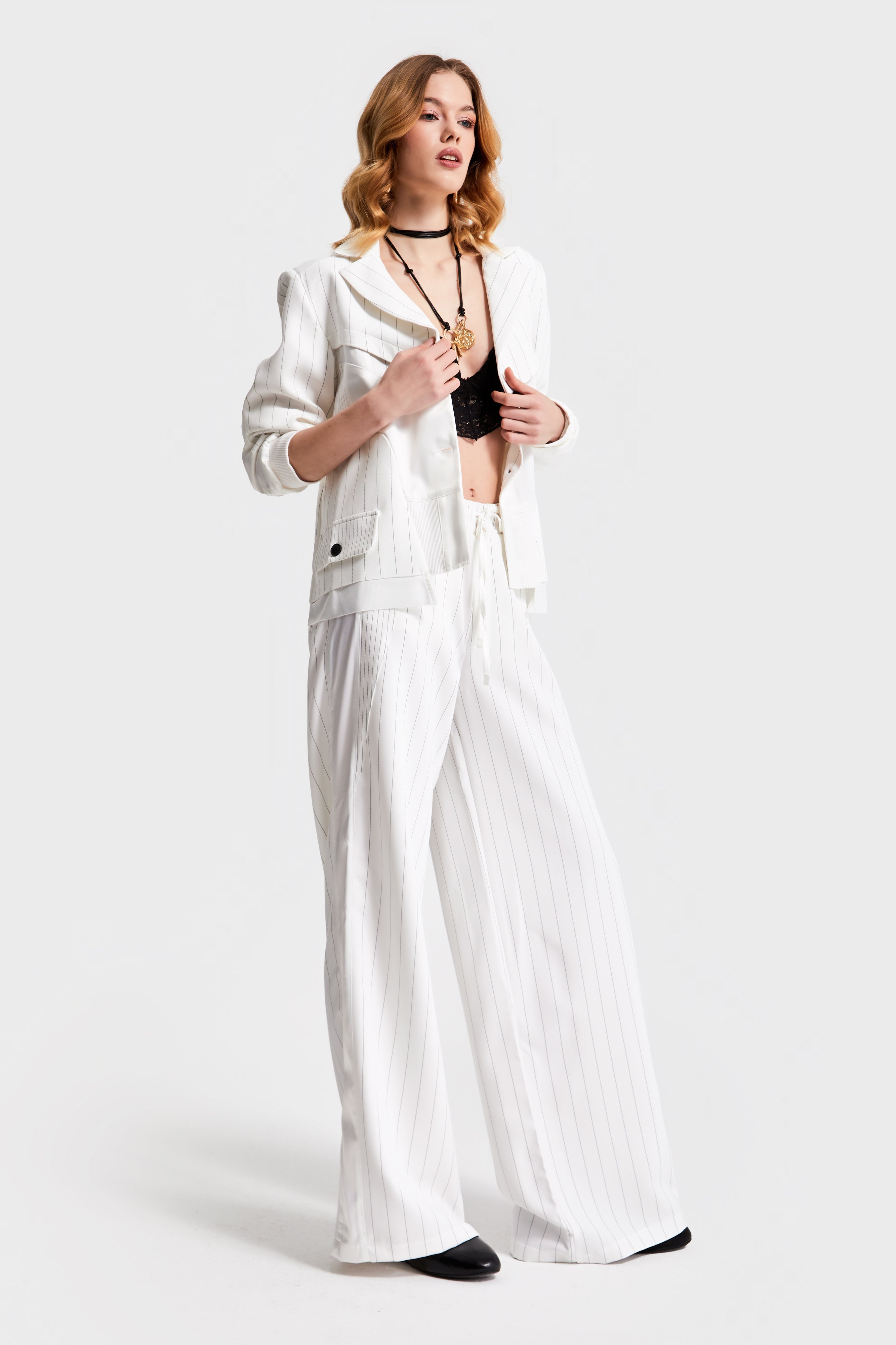 Women's White Striped Color Palazzo Fit Design Fabric Trousers