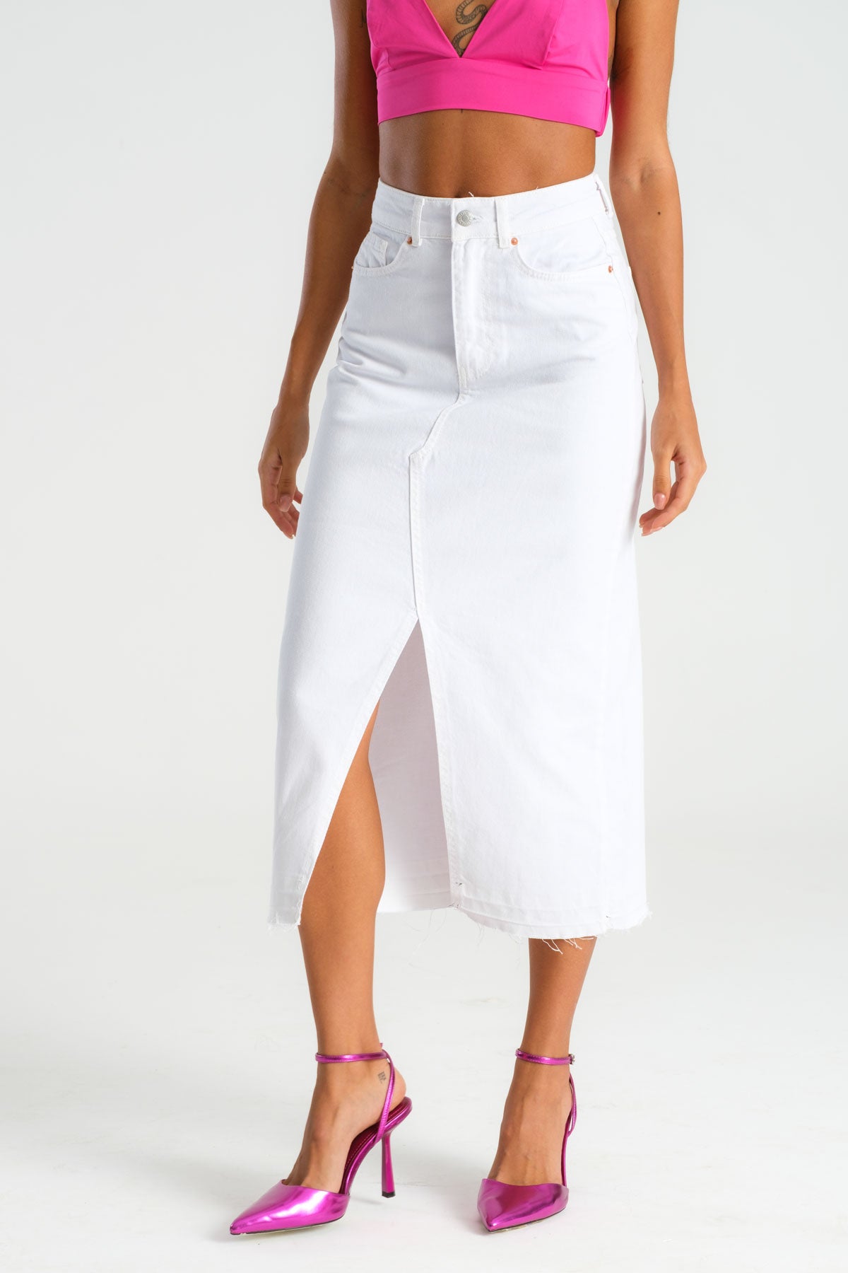 Women's White Color Deep Slit High Waist Long Denim Skirt