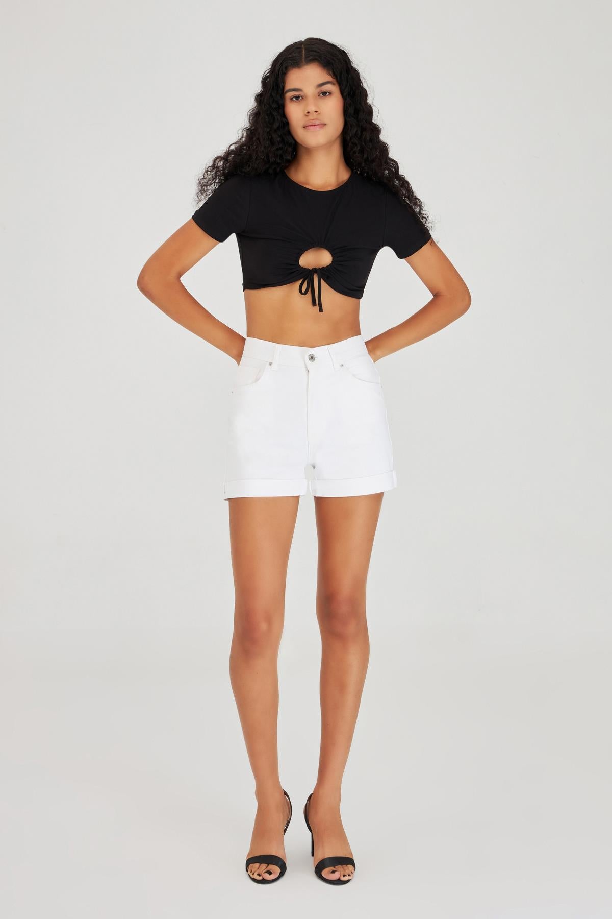 Women's White Color Double Leg High Waist Jean Shorts