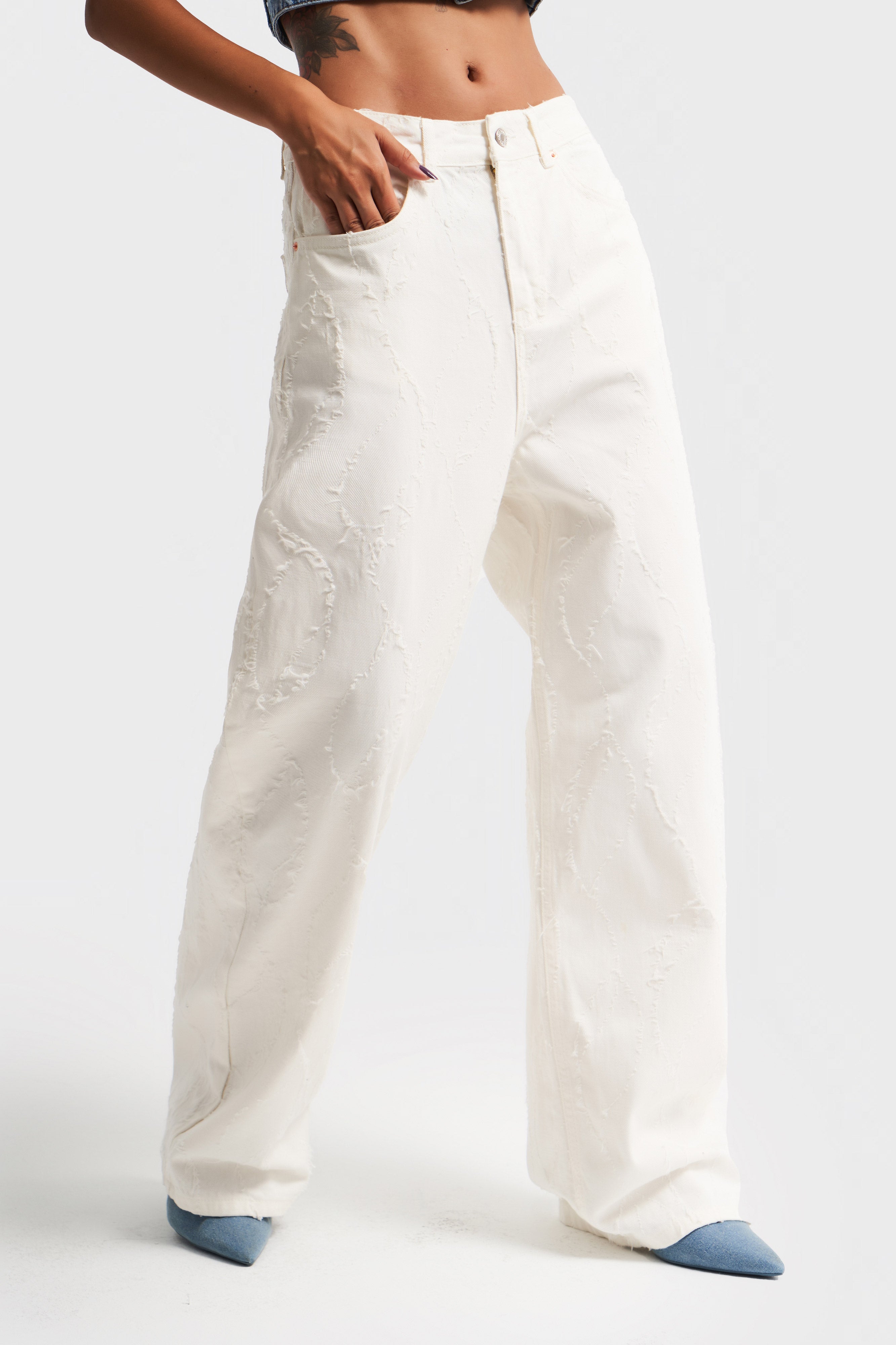 Women's White Color Fabric Feature Palazzo Fit Design Denim