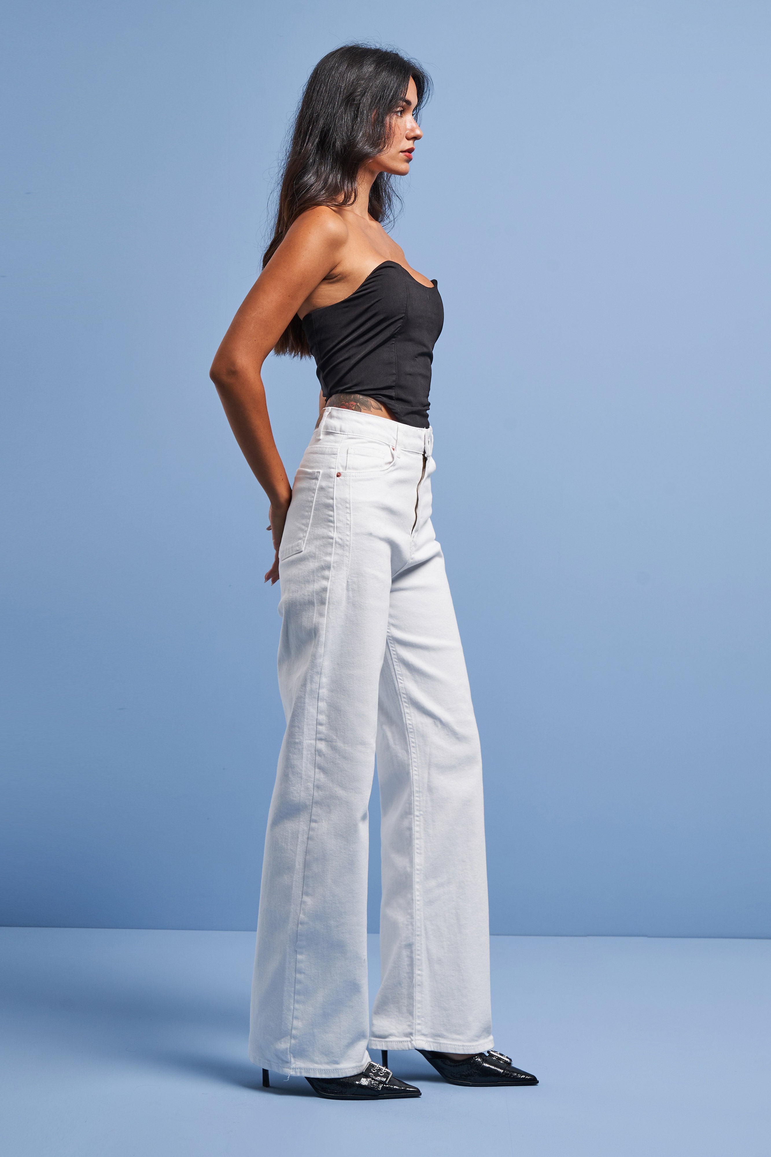 Women's White Color Lycra Fabric Wide Leg Denim