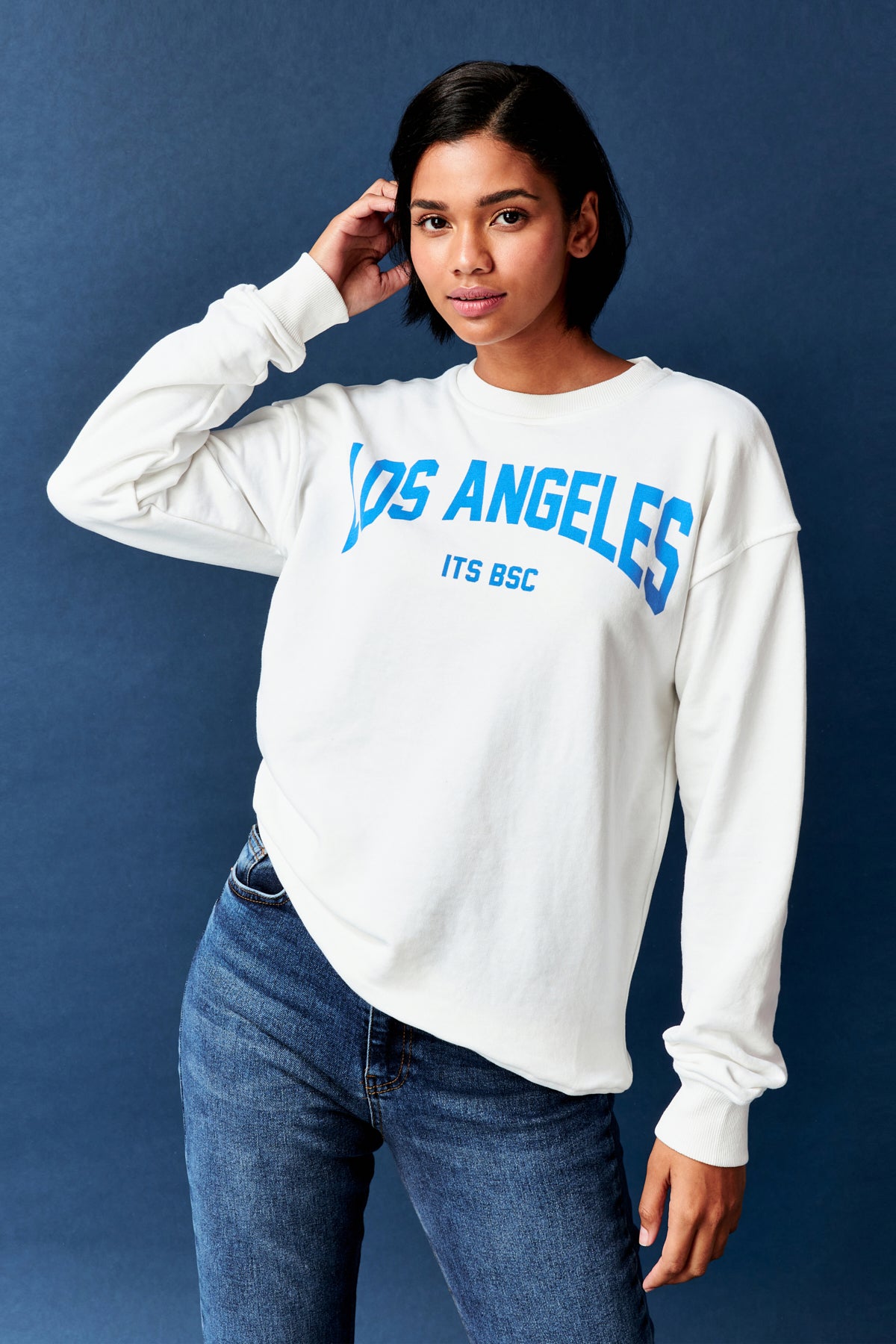 Kadın Beyaz Renk Los Angeles Baskılı Oversize Üç İplik Sweatshirt