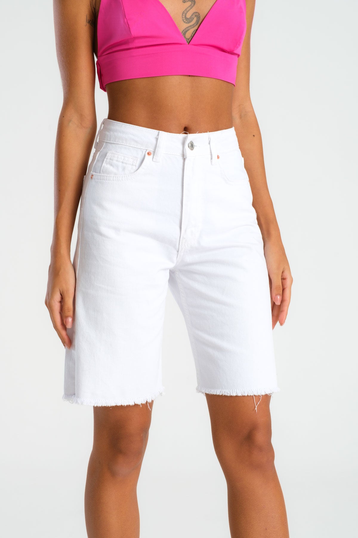 Women's White Color Midi Length High Waist Jean Shorts