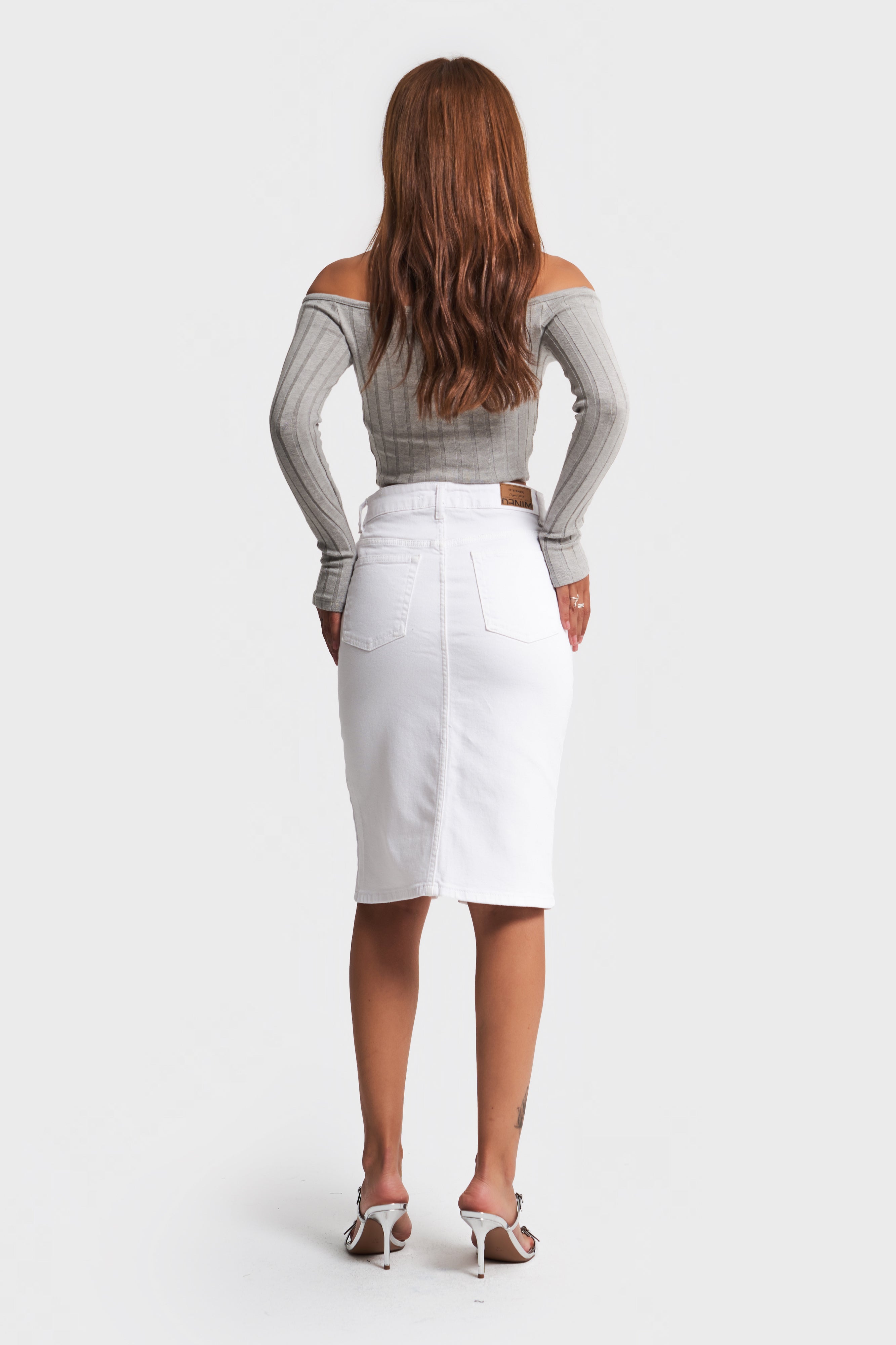 Women's White Color Midi Length High Waist Slit Jean Skirt