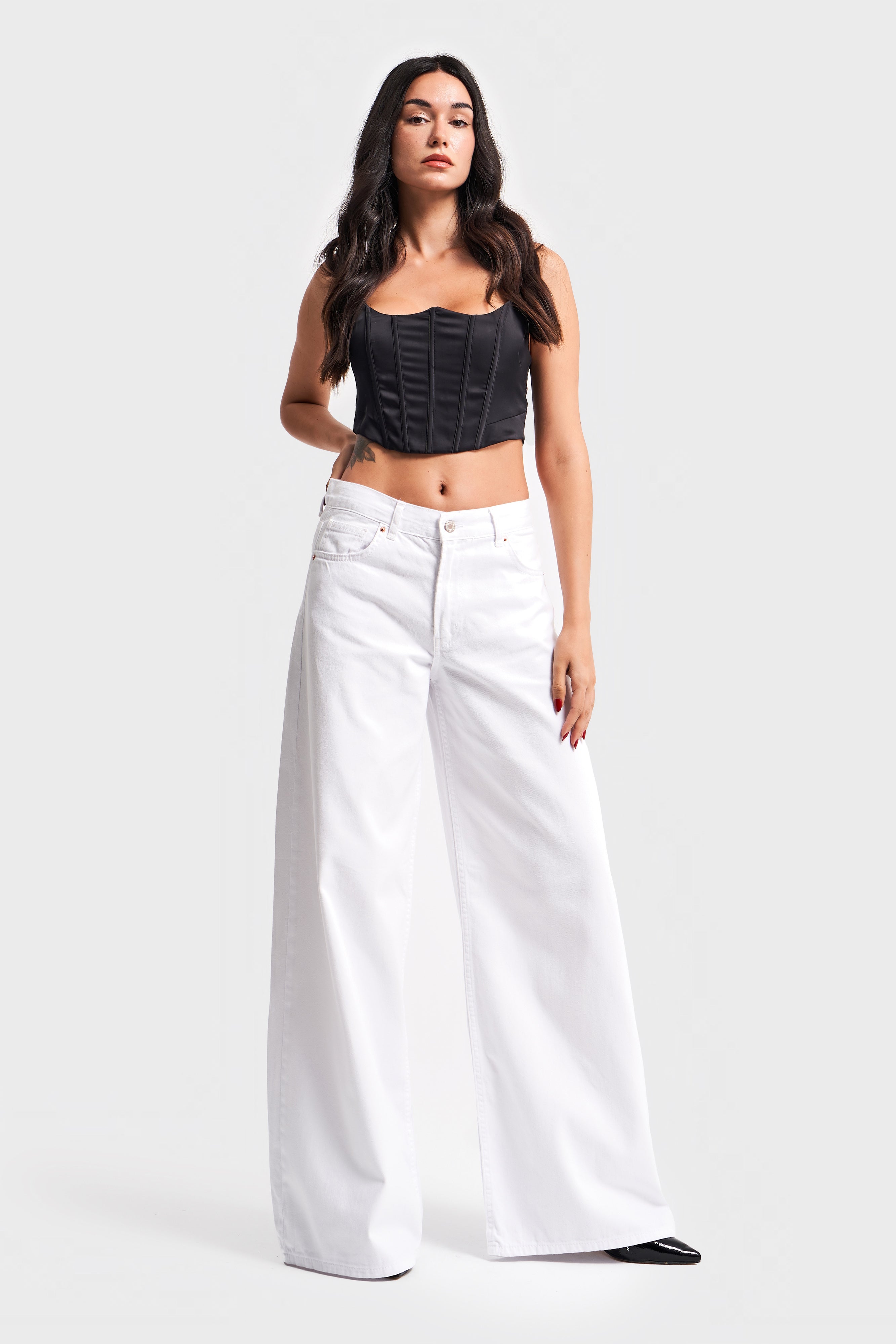 Women's White Color Palazzo Fit Loose Cut Denim Trousers