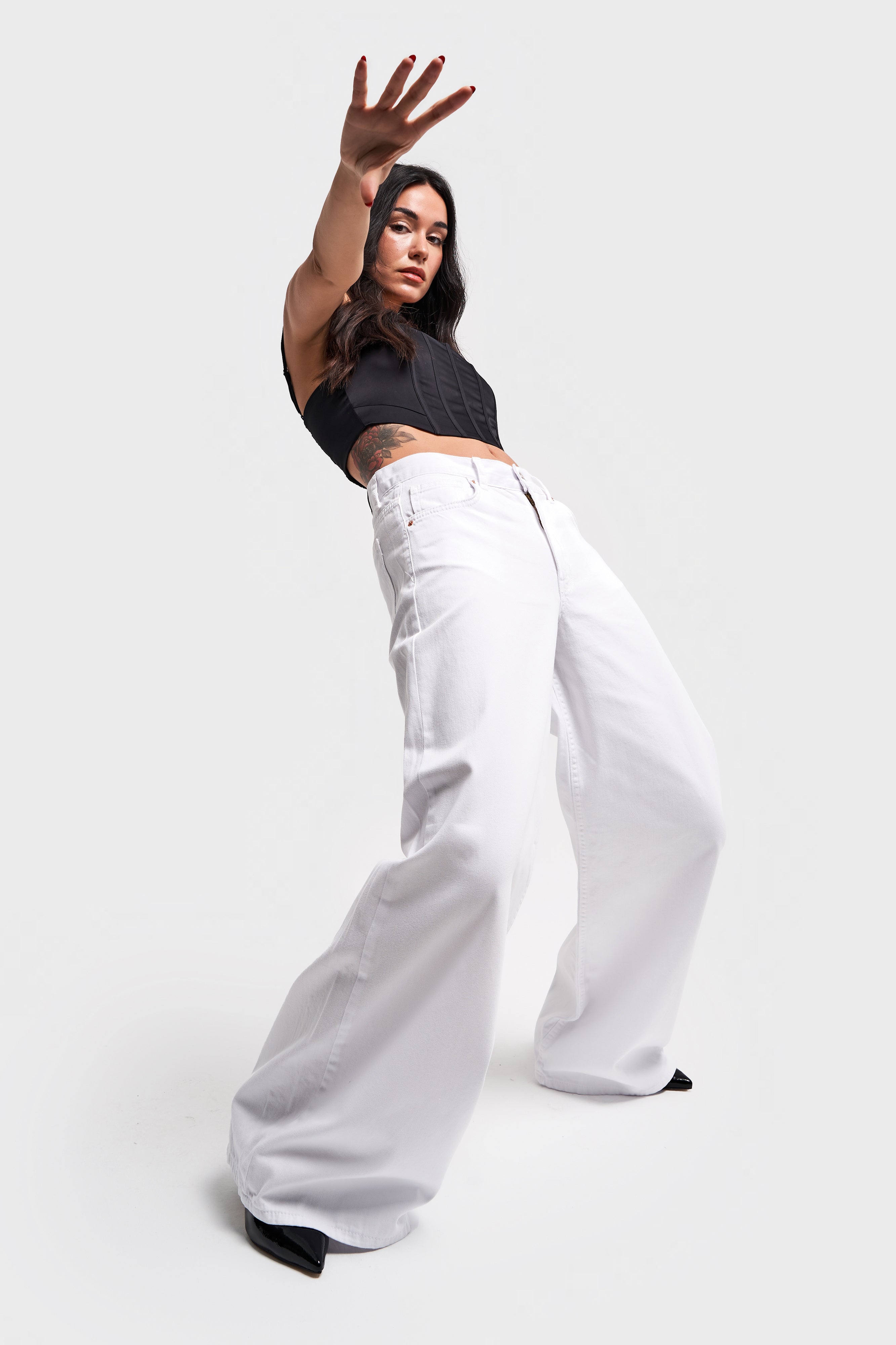 Women's White Color Palazzo Fit Loose Cut Denim Trousers