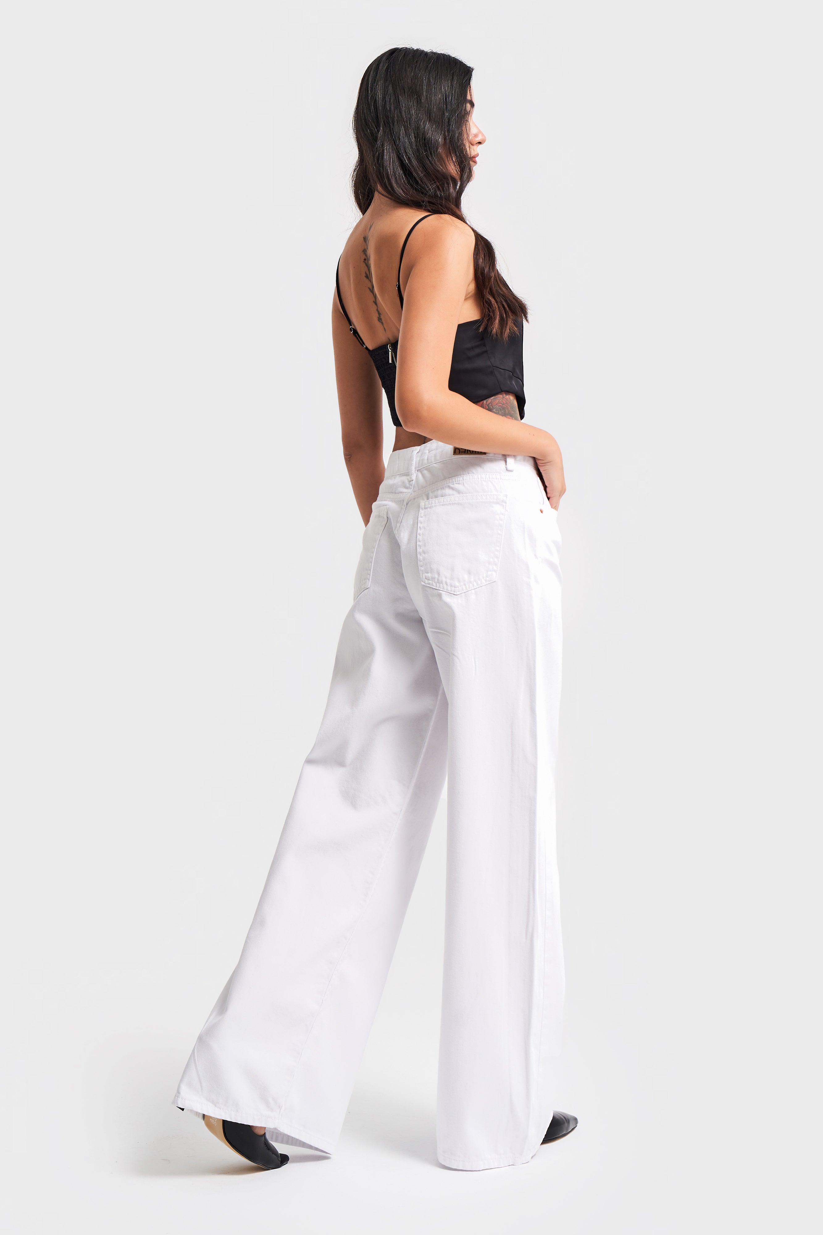 Women's White Color Palazzo Fit Loose Cut Denim Trousers