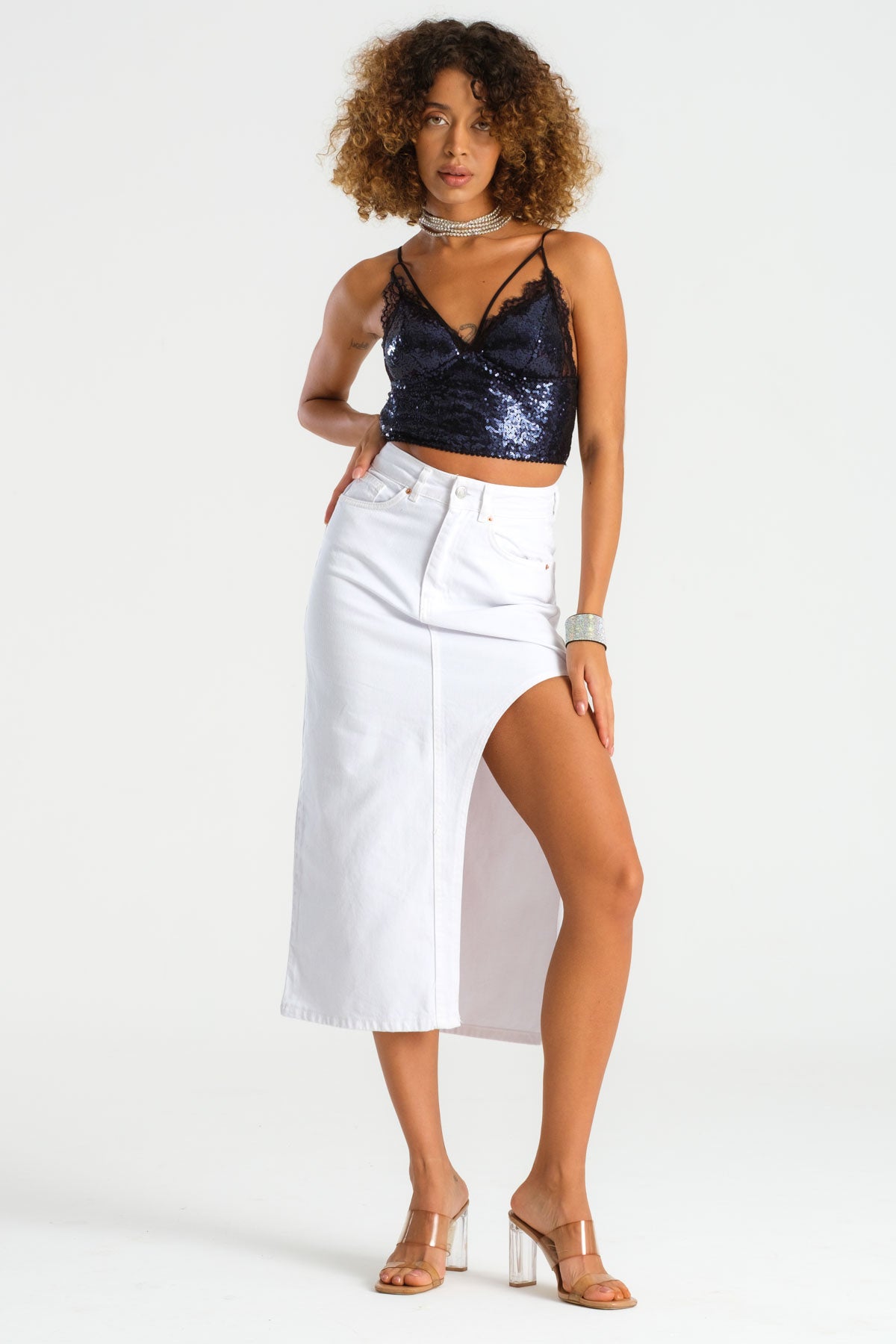 Women's White Color Side Deep Slit Detail Long Denim Skirt