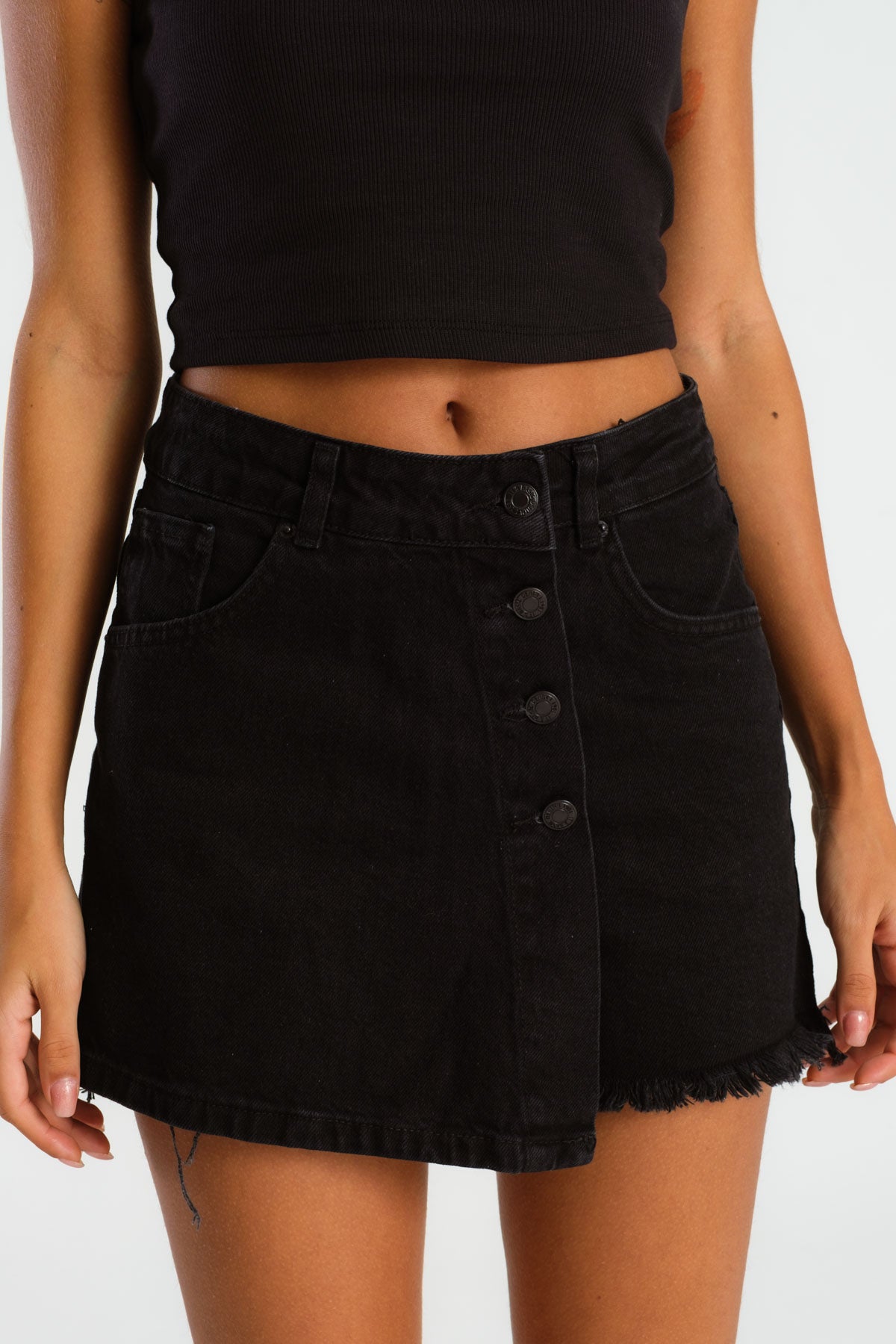 Women's Black Od Black Color Front Button Denim Shorts Skirt