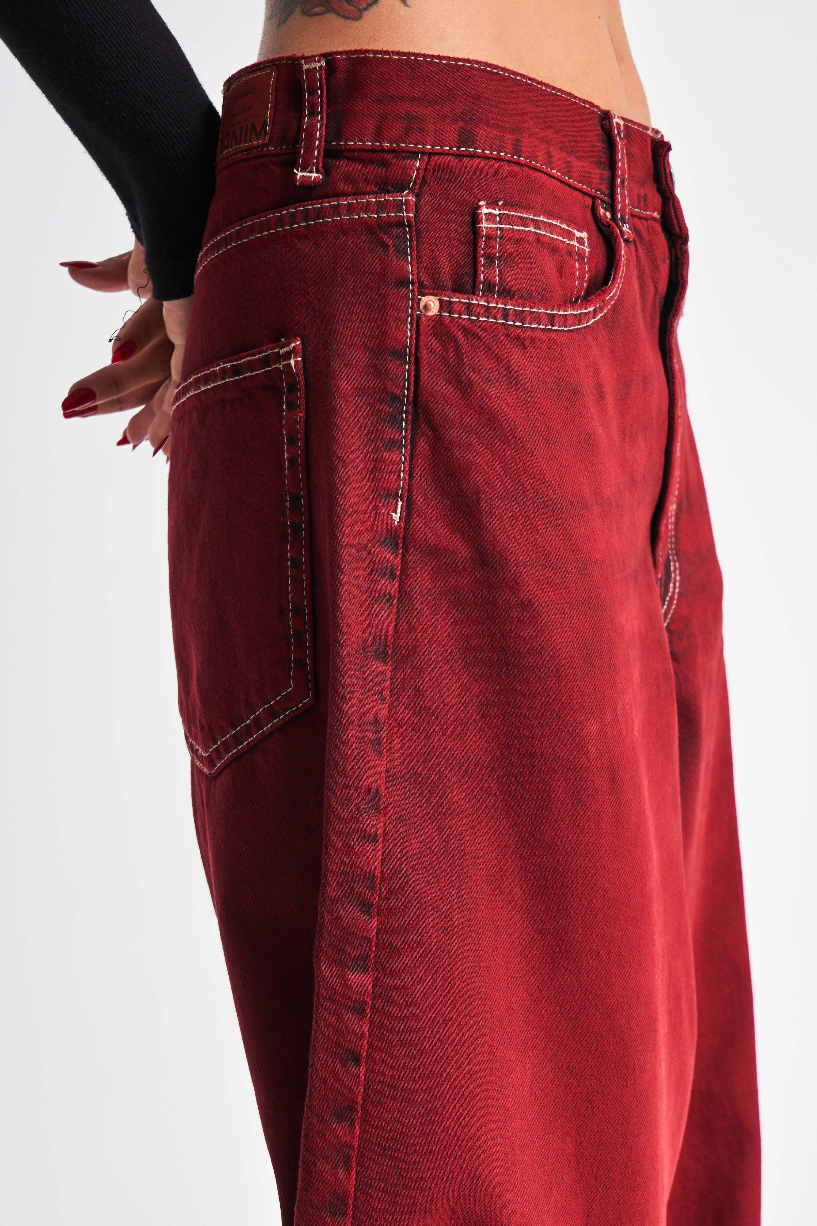 Kadın Bordo Renk 20W4-35 Skater Fit Orta Bel %100 Koton Özel Yıkama Denim Jean