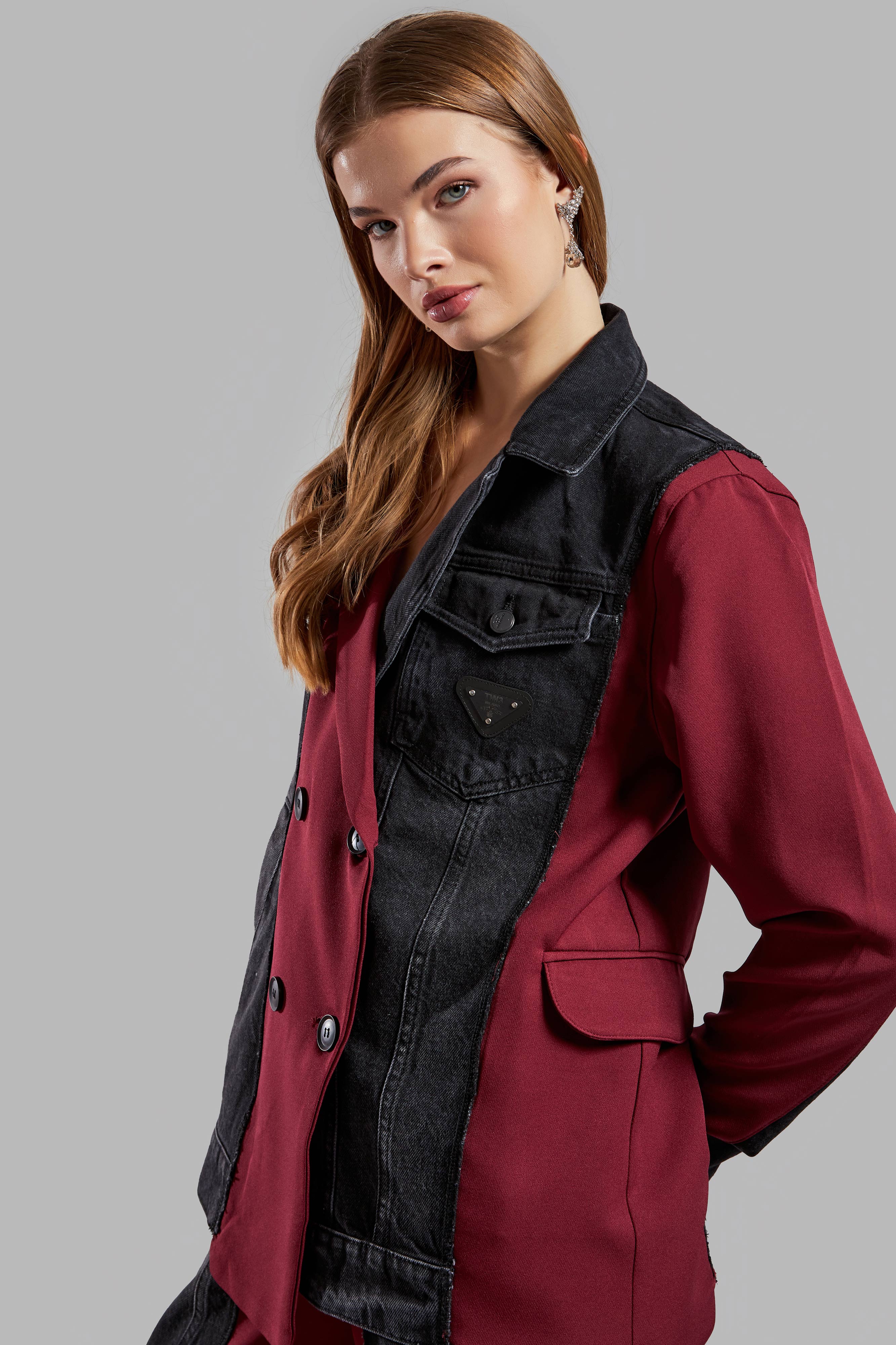 Women's Burgundy Color Denim Fabric Blend Double Breasted Design Jacket