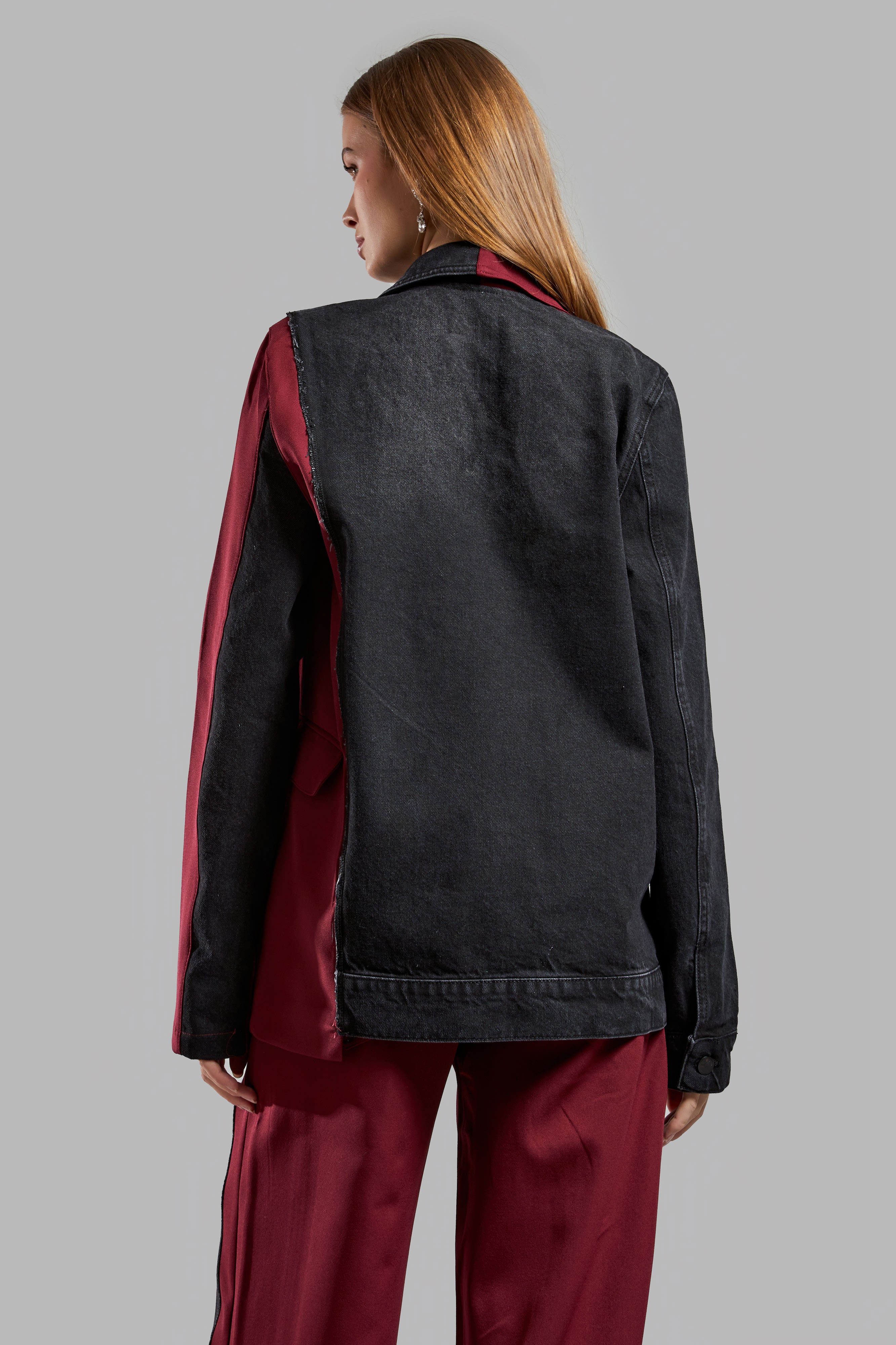 Women's Burgundy Color Denim Fabric Blend Double Breasted Design Jacket