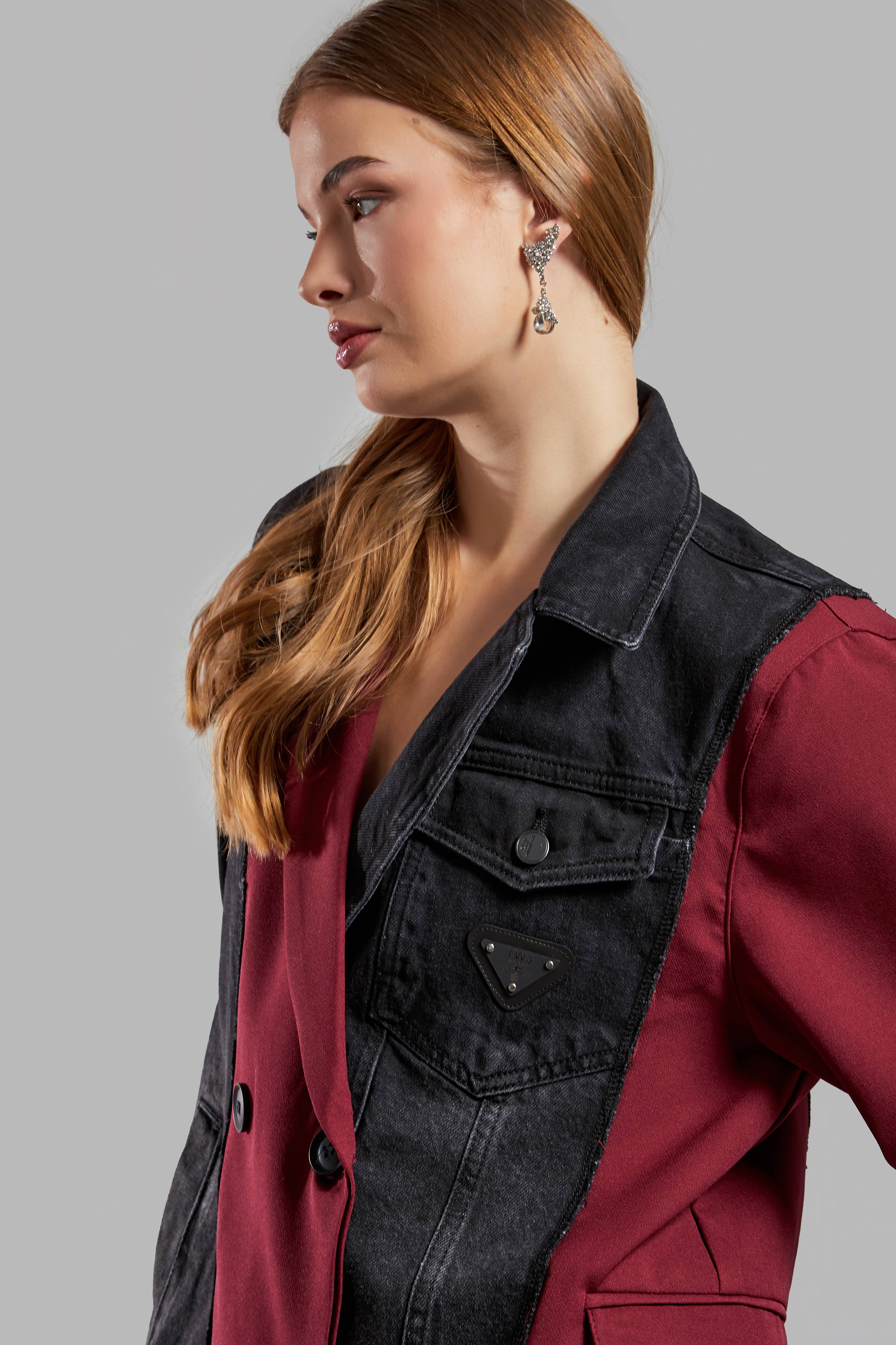 Women's Burgundy Color Denim Fabric Blend Double Breasted Design Jacket