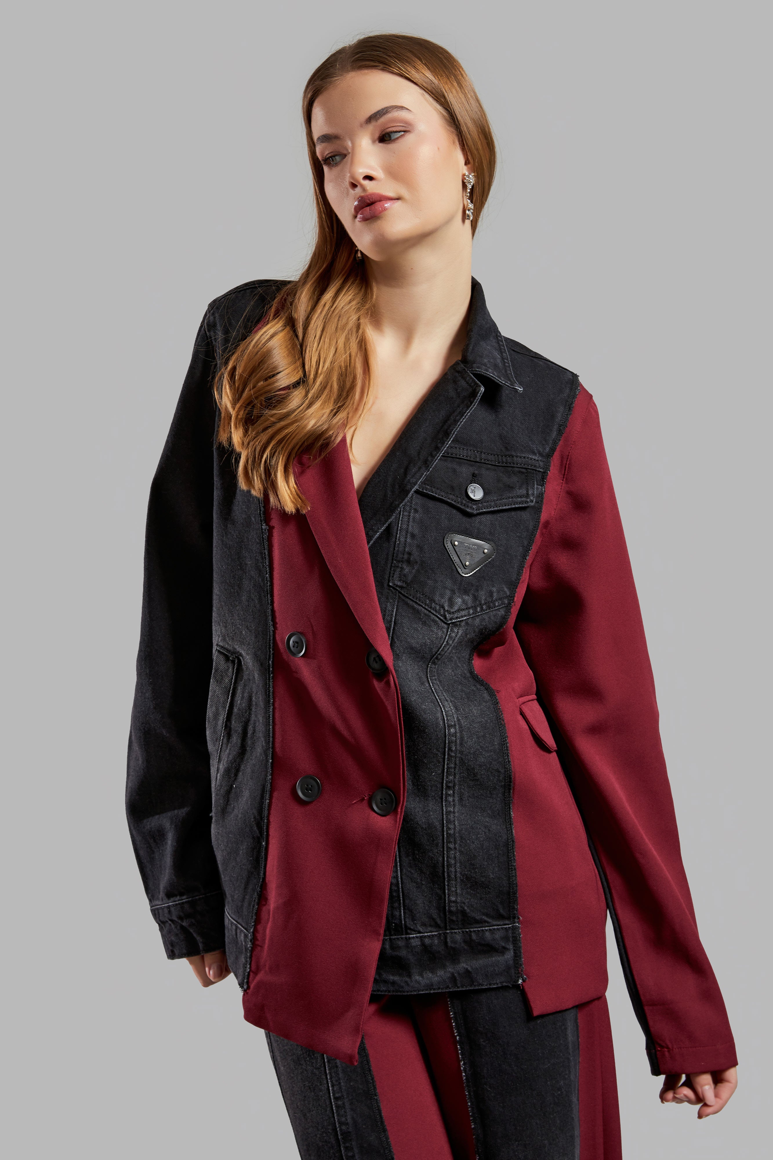 Women's Burgundy Color Denim Fabric Blend Double Breasted Design Jacket