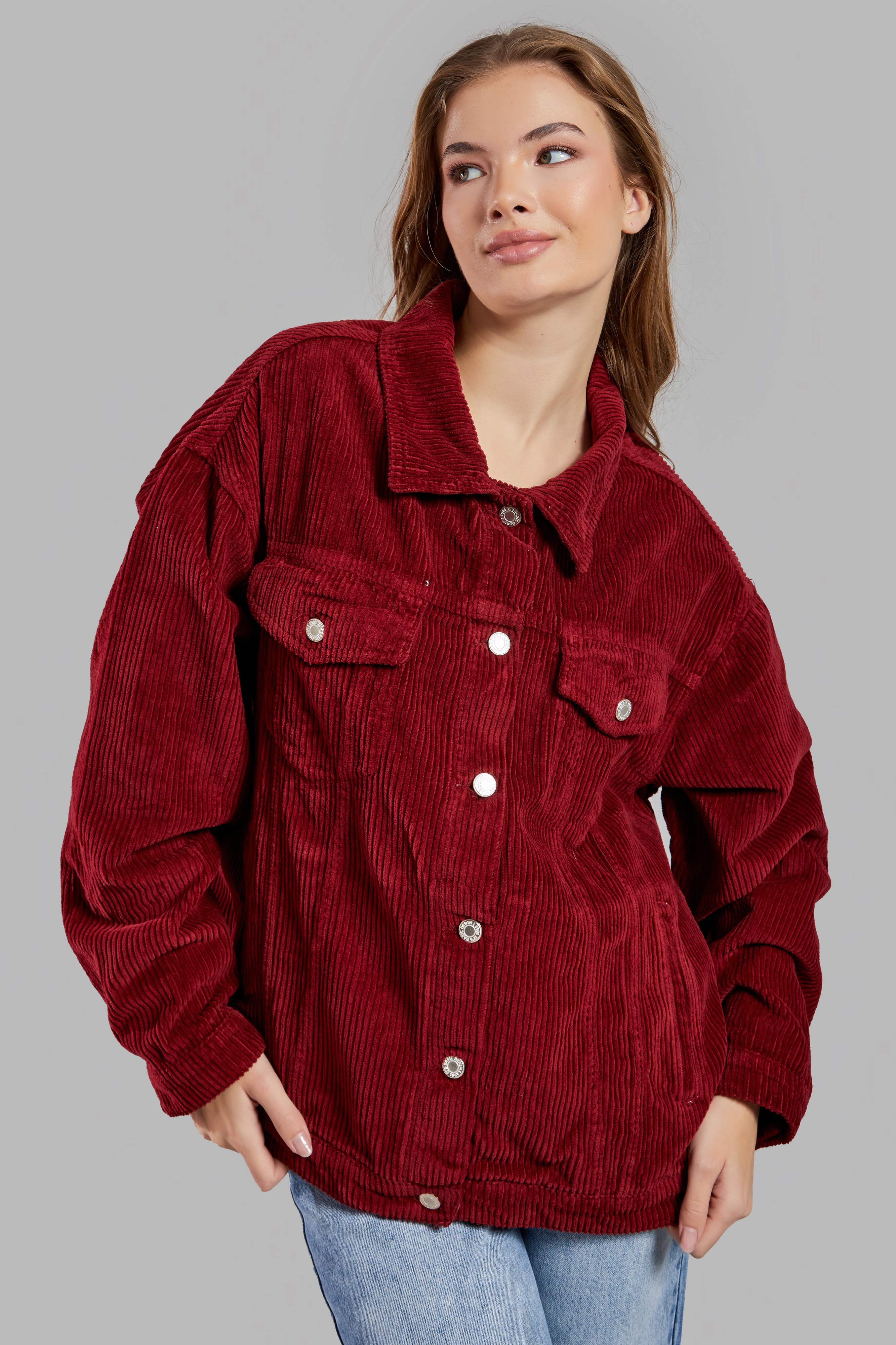 Women's Burgundy Color Thick Corduroy Fabric Oversize Jacket