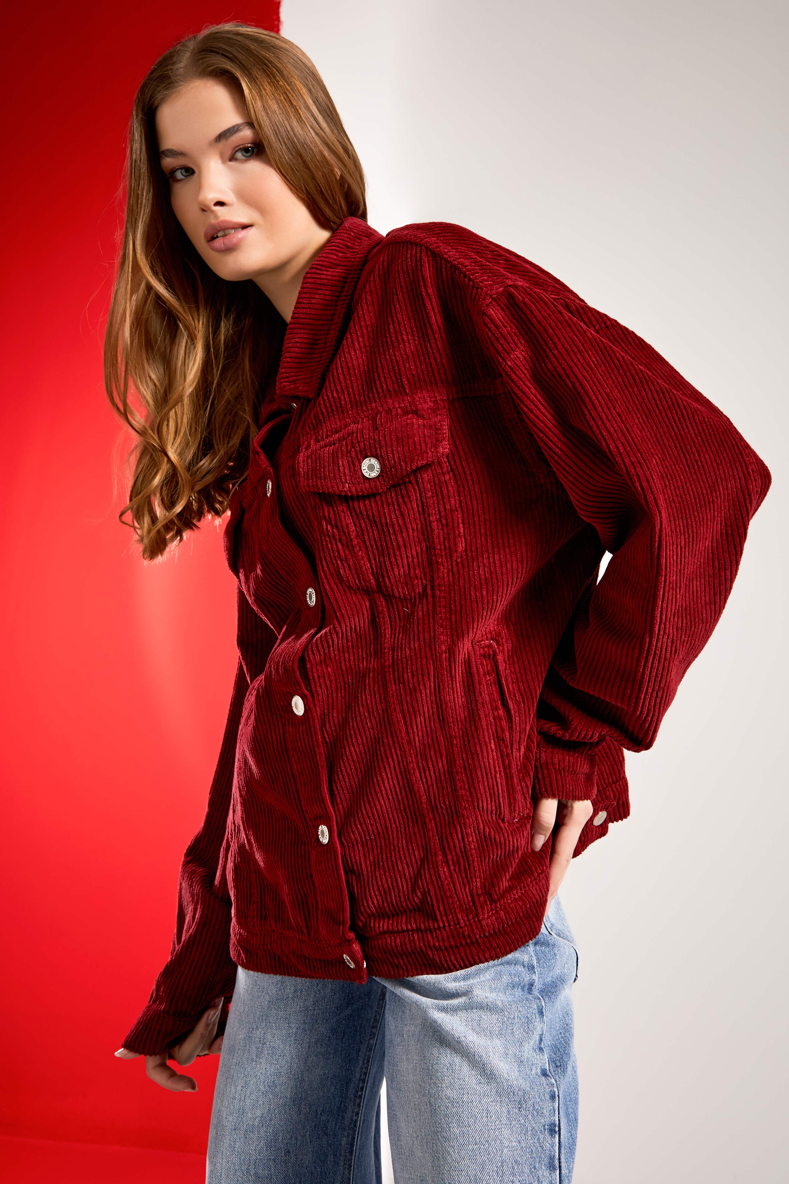 Women's Burgundy Color Thick Corduroy Fabric Oversize Jacket