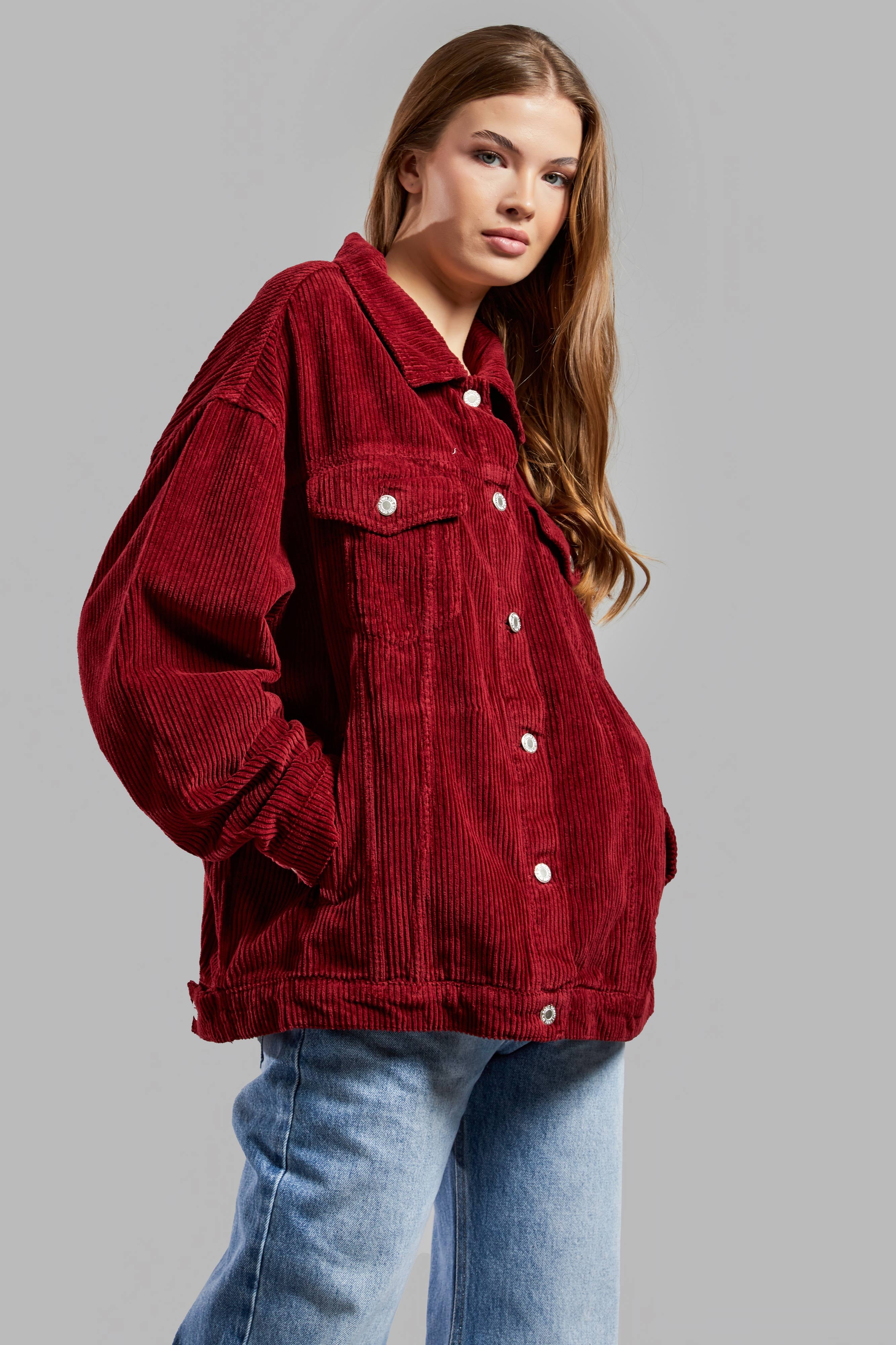 Women's Burgundy Color Thick Corduroy Fabric Oversize Jacket