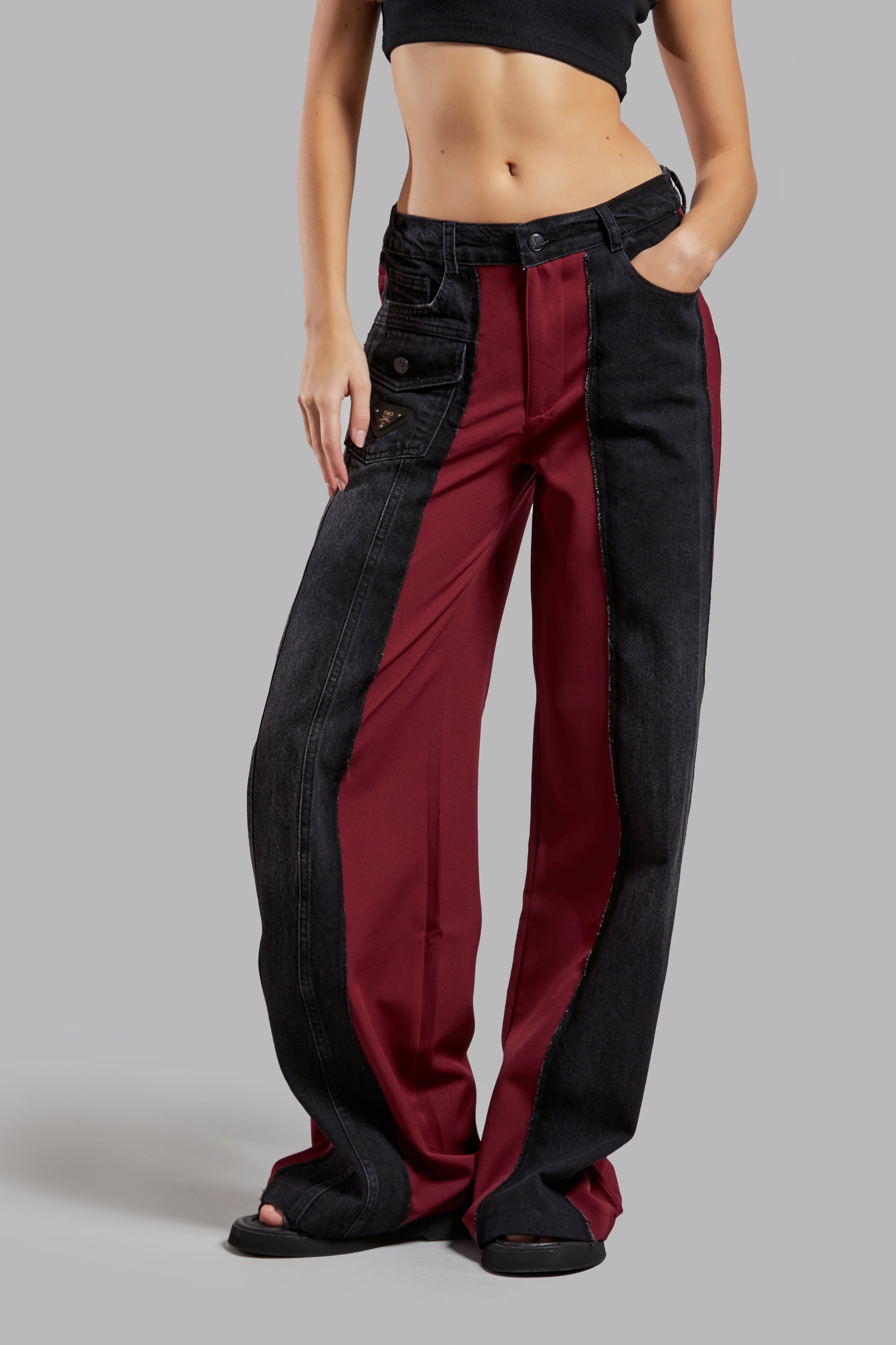 Women's Burgundy Color Patchwork Fabric Loose Fit Design Denim