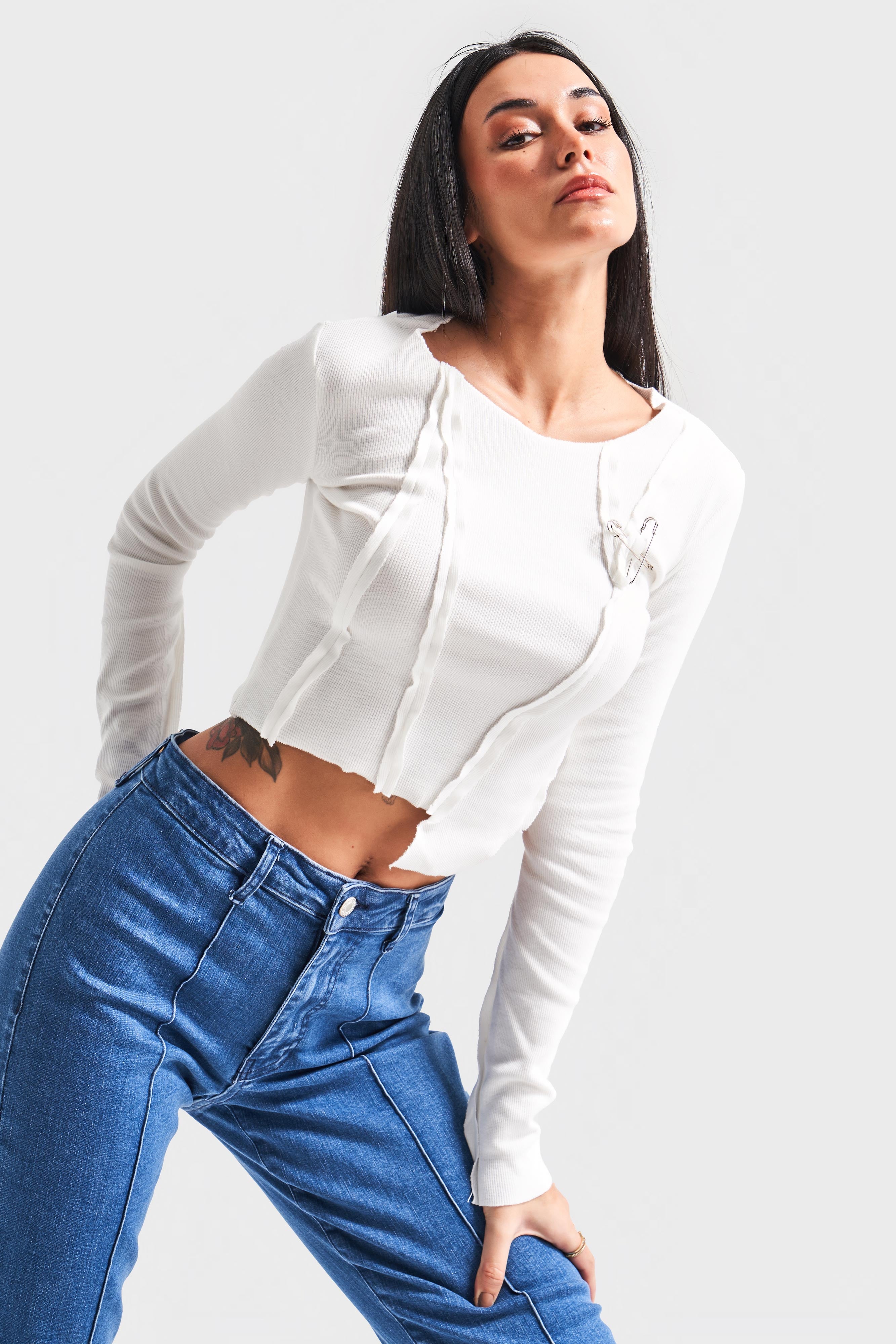 Women's Ecru Color Flexible Fabric Object Detailed Design Crop Top