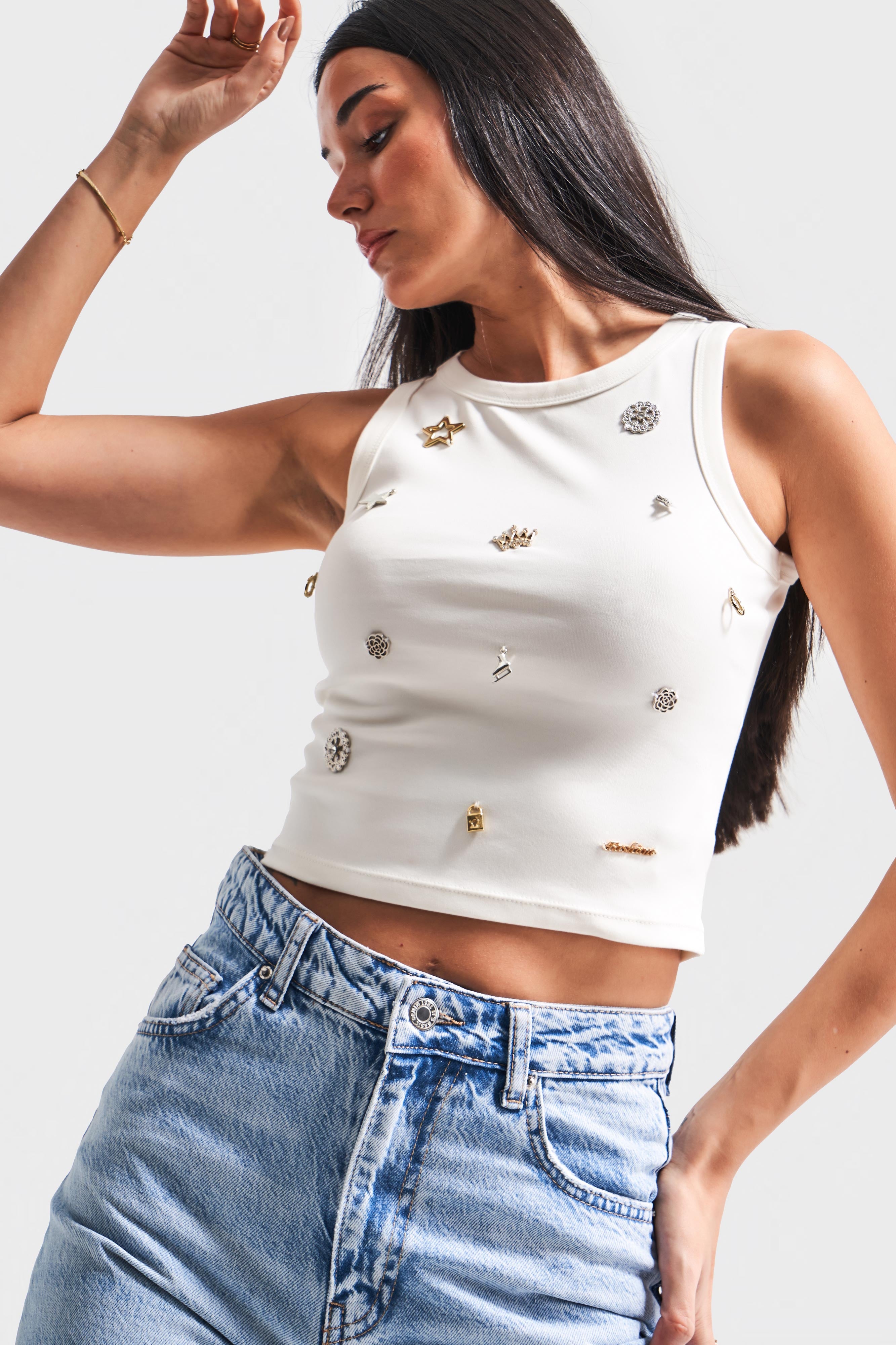 Women's Ecru Color Object Detailed Halter Cut Design Crop Top