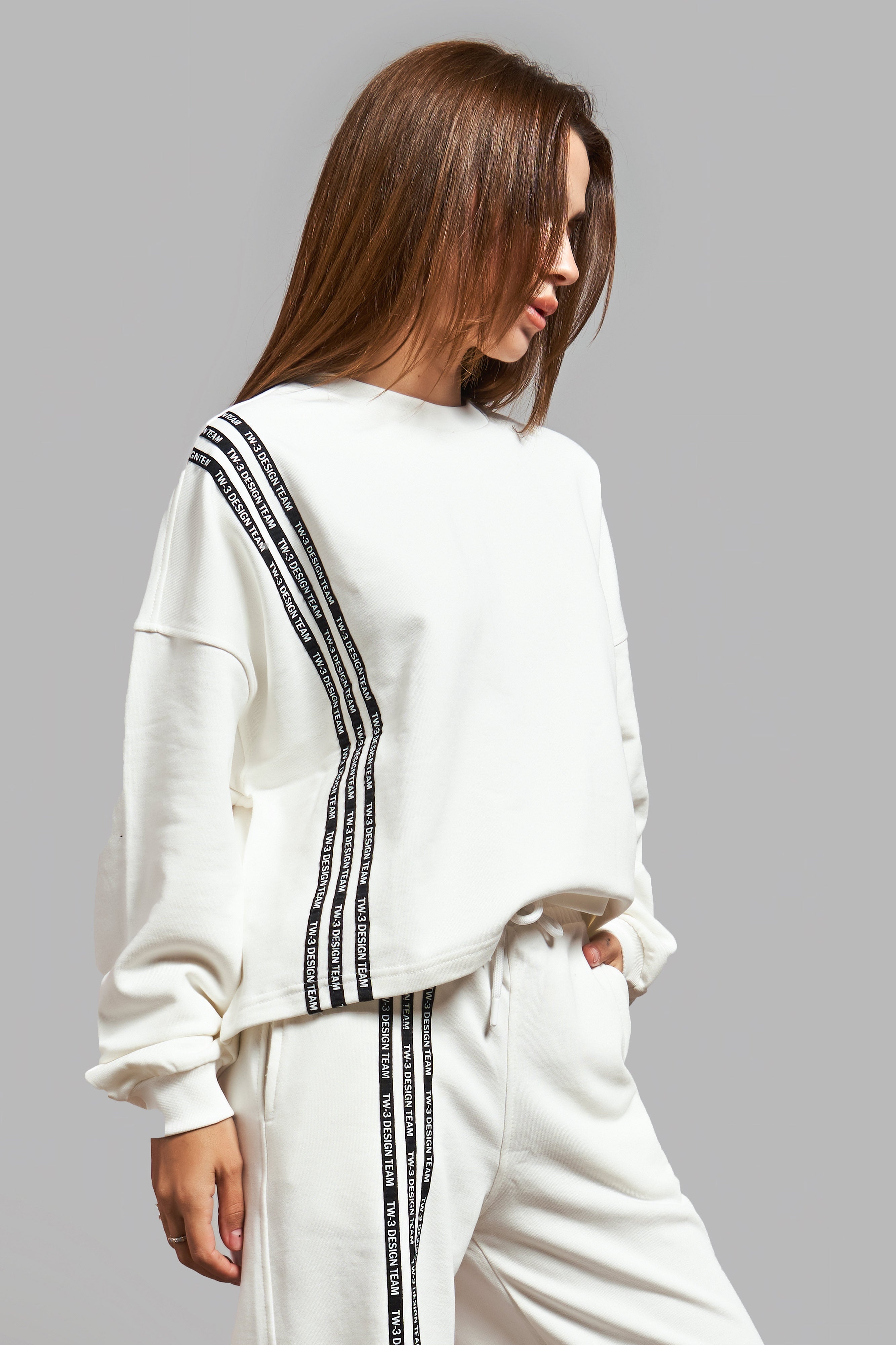 Women's Ecru Color Stripe Detail Design Knitted Sweatshirt