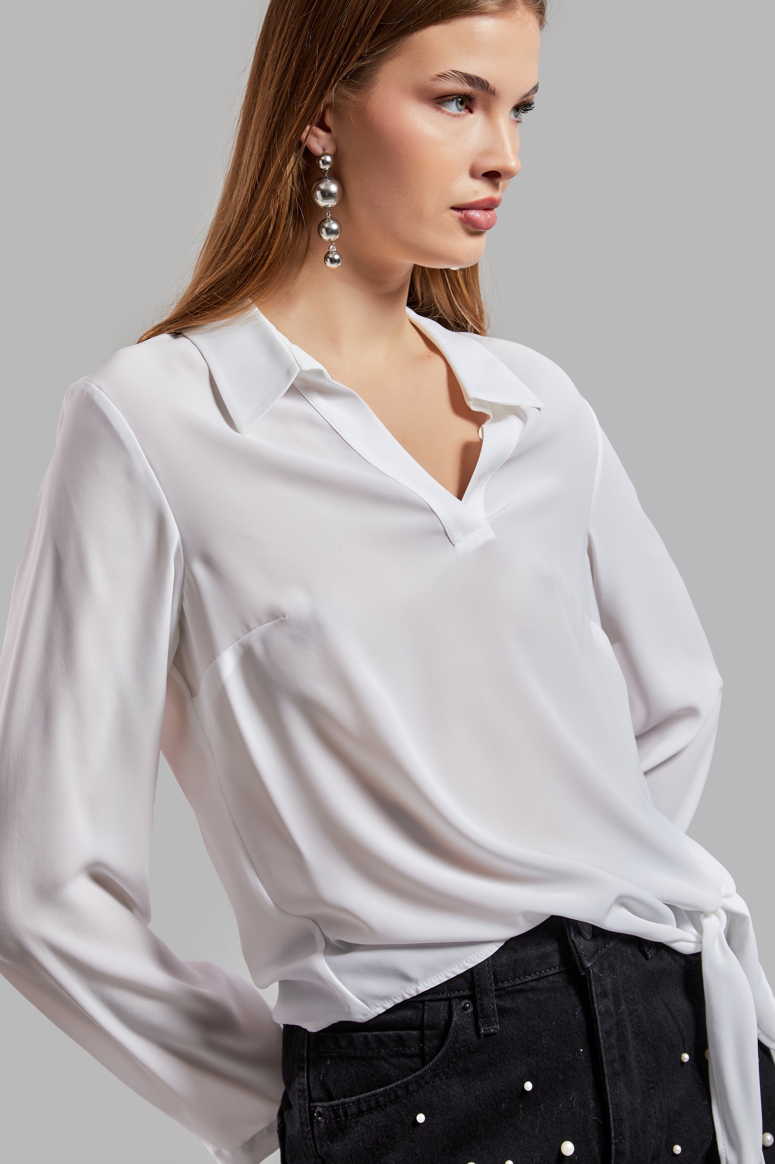 Women's Ecru Color Side Lace Silk Fabric Relaxed Cut Blouse