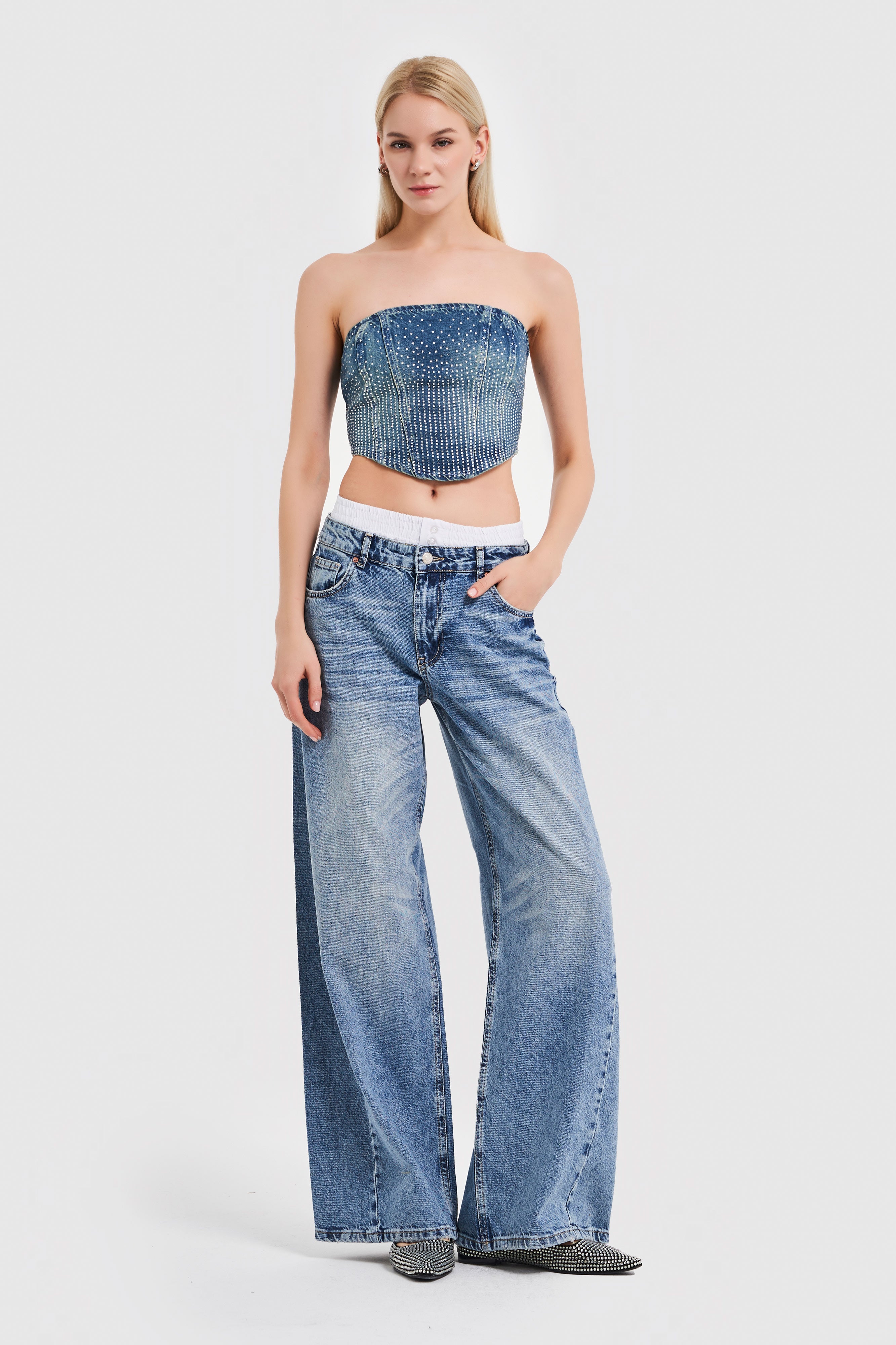 Women's Full Tint Denim Color Boxer Detailed Palazzo Fit Denim