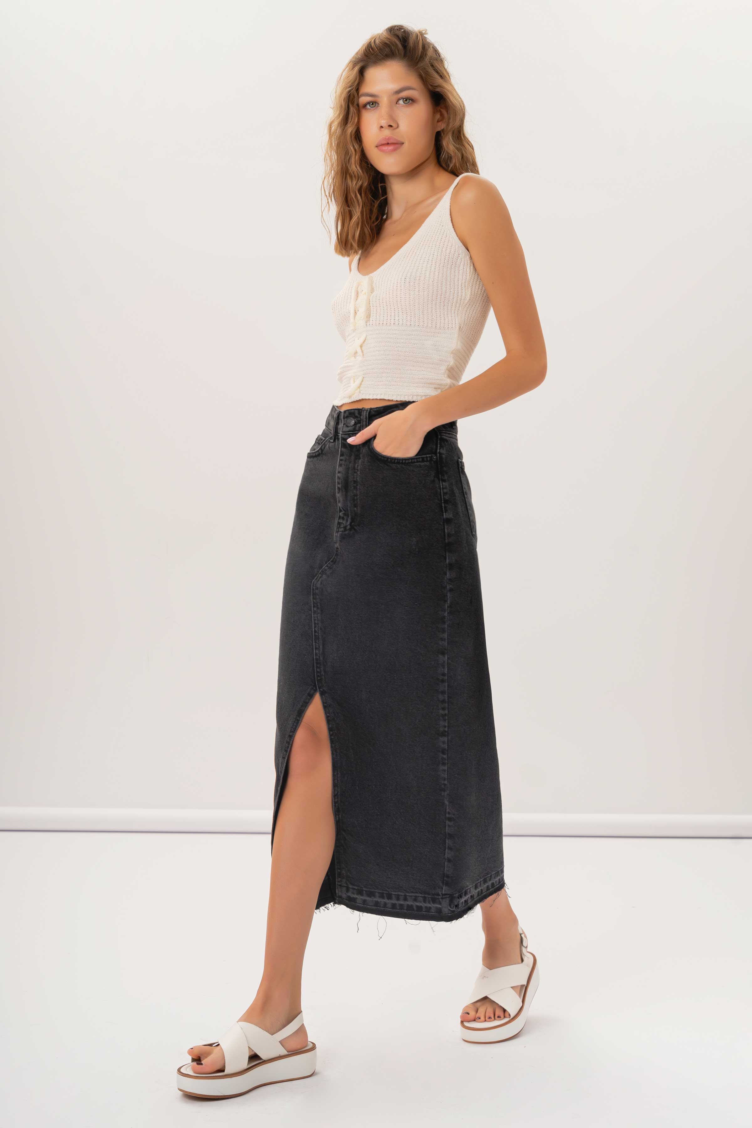 Women's Dark Grey Deep Slit High Waist Long Denim Skirt