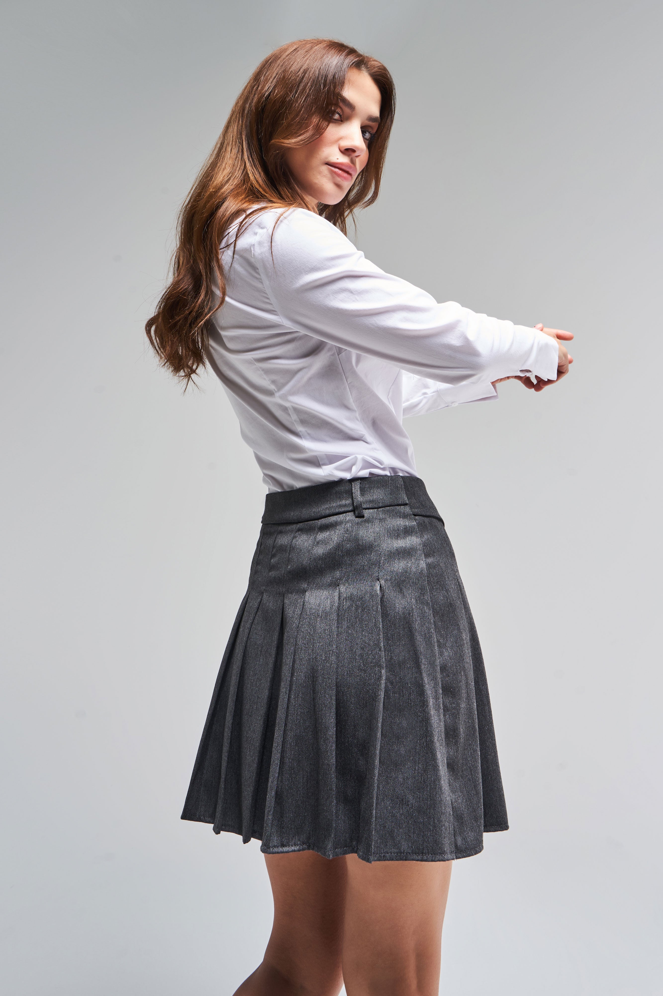 Women's Smoke Color S5-45 Belt Detailed Pleated Mini Fabric Skirt