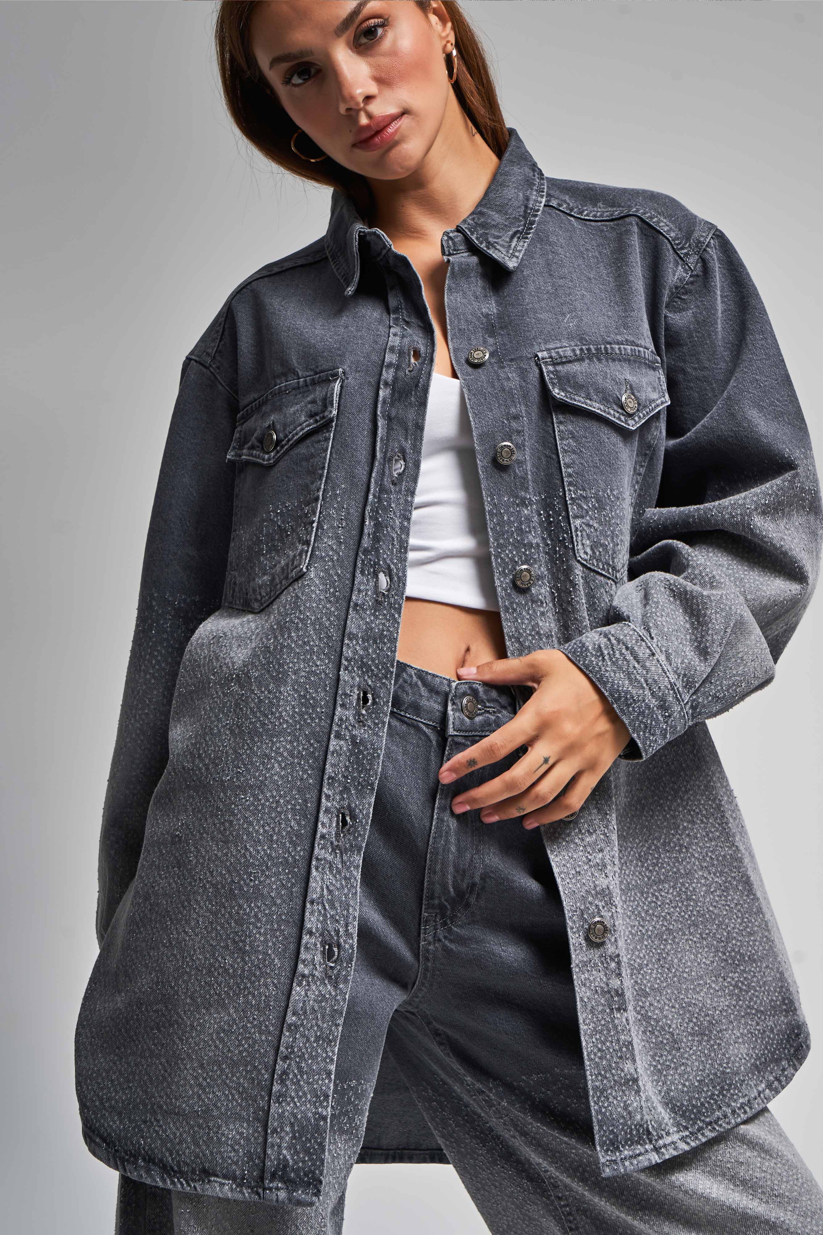 Women's Smoke Color Frayed Detail Oversize Design Jacket