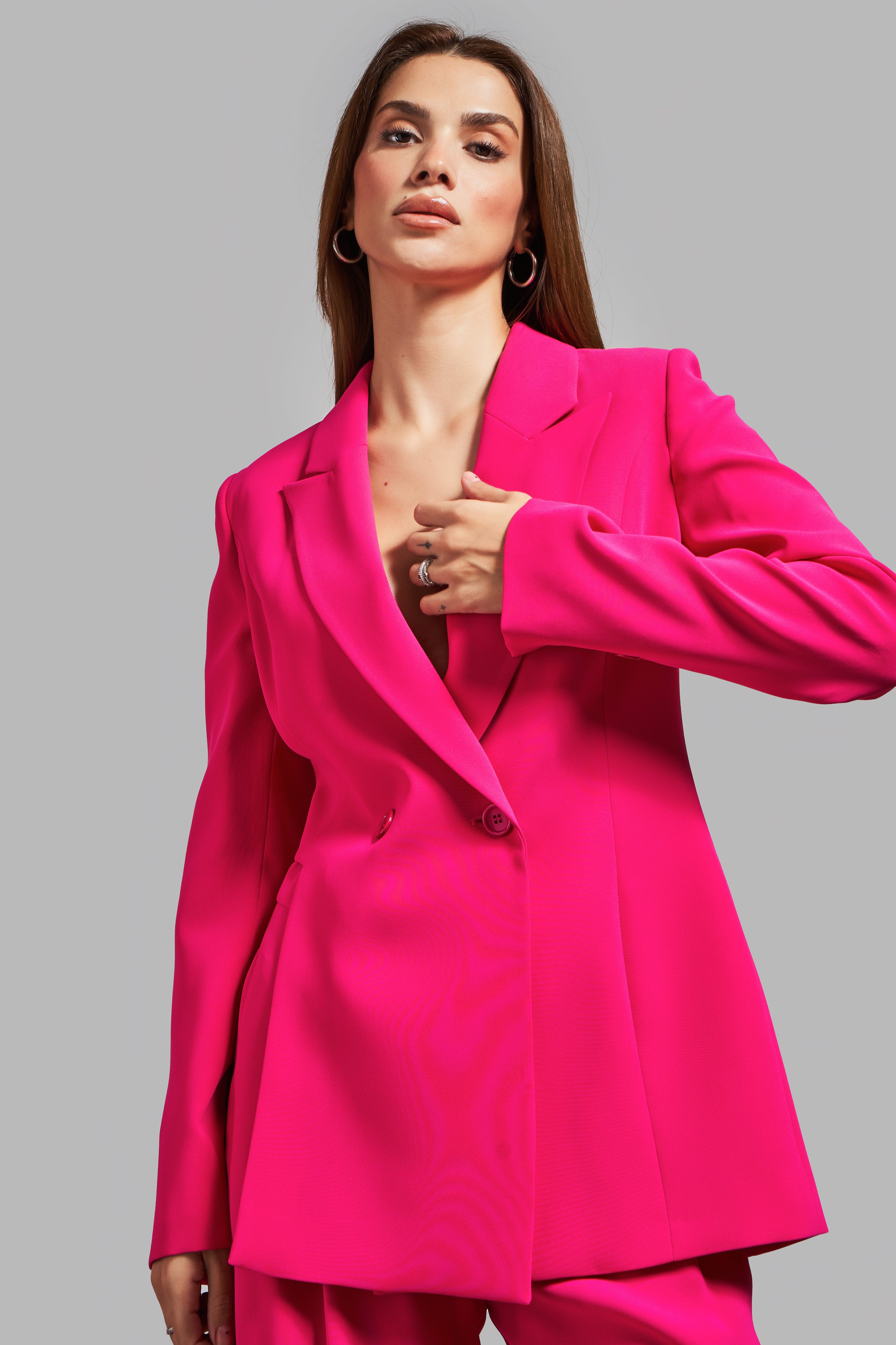 Women's Fuchsia Color Side Slit Lined Design Blazer Jacket