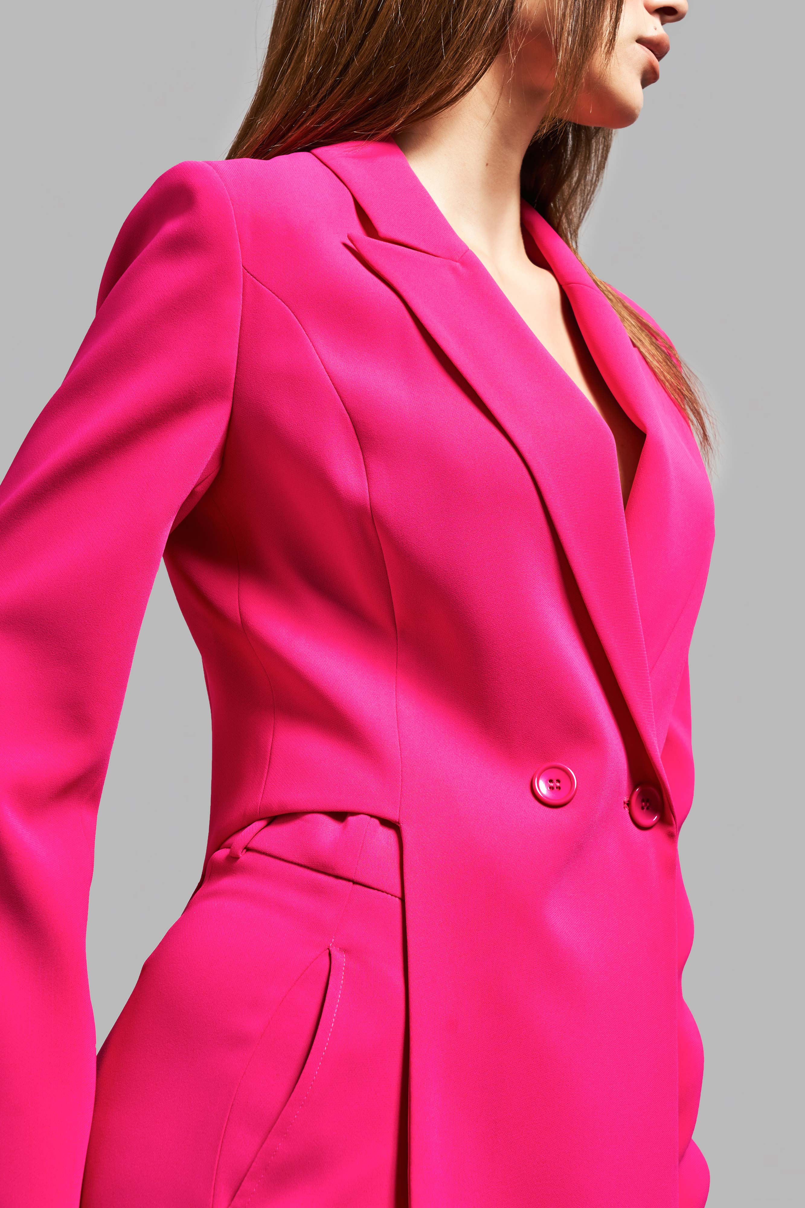 Women's Fuchsia Color Side Slit Lined Design Blazer Jacket