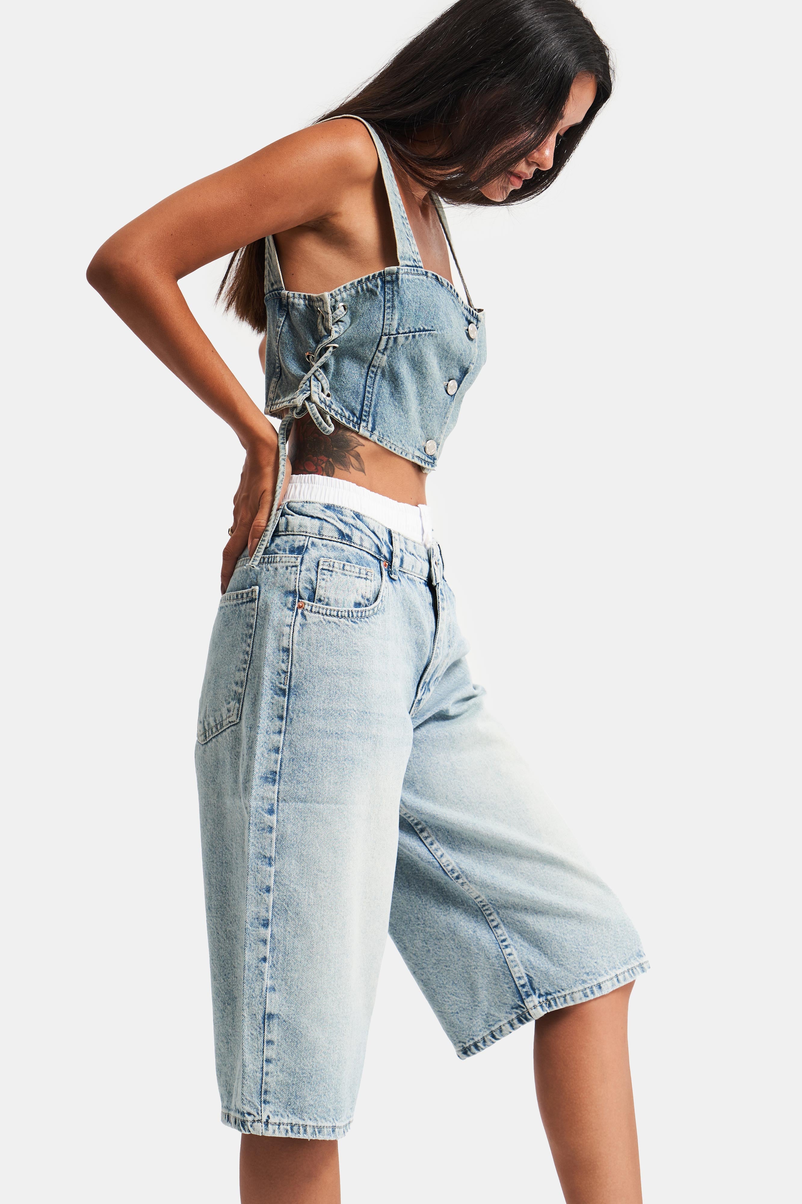 Kadın G Kot Rengi Süper Uzun Boxer Detaylı Wide Leg Denim Şort