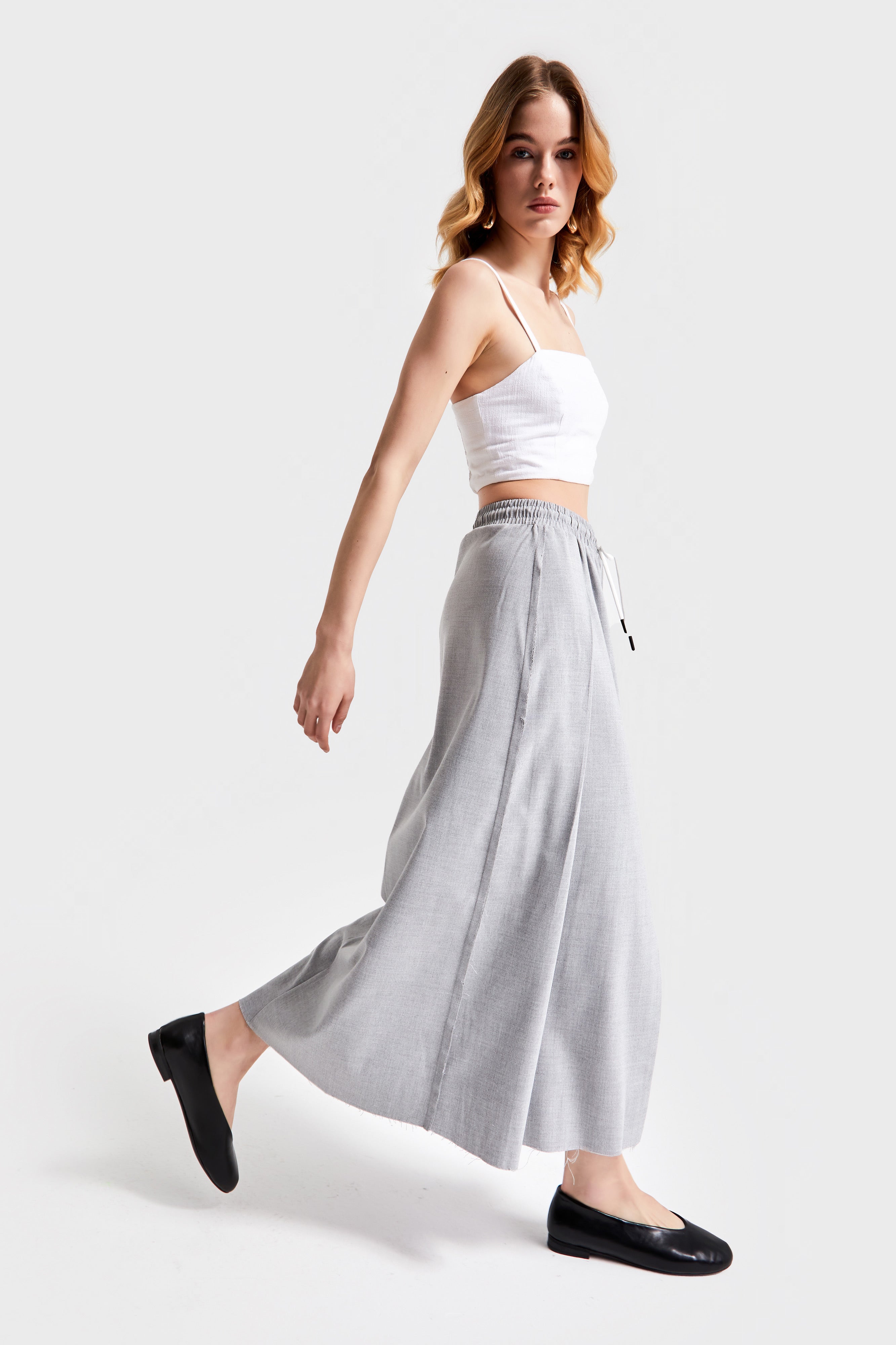 Women's Gray Color Elastic Waist Slit Maxi Length Design Fabric Skirt