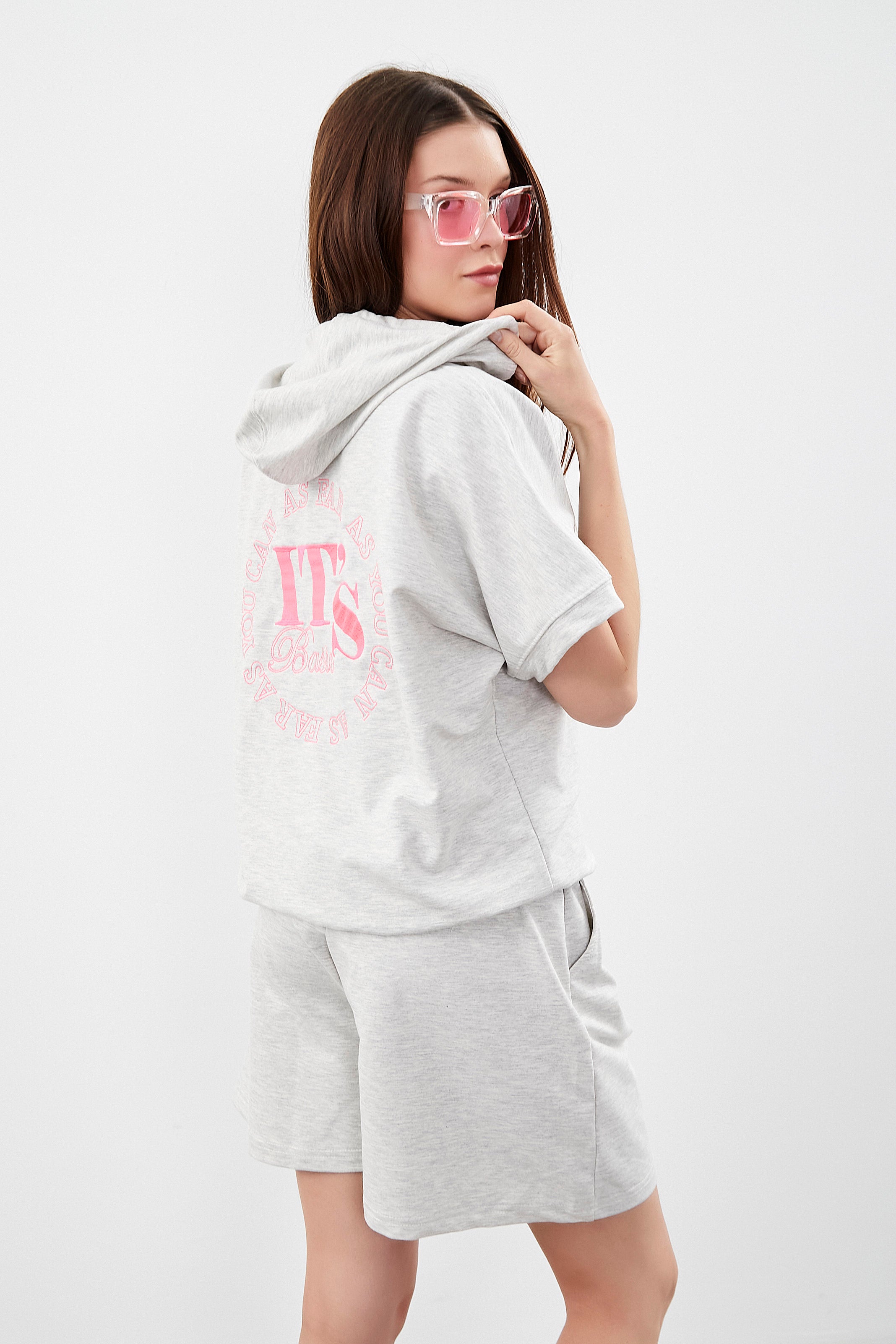 Women's Gray Melange Color Printed Hooded Zippered Half Sleeve Sweatshirt