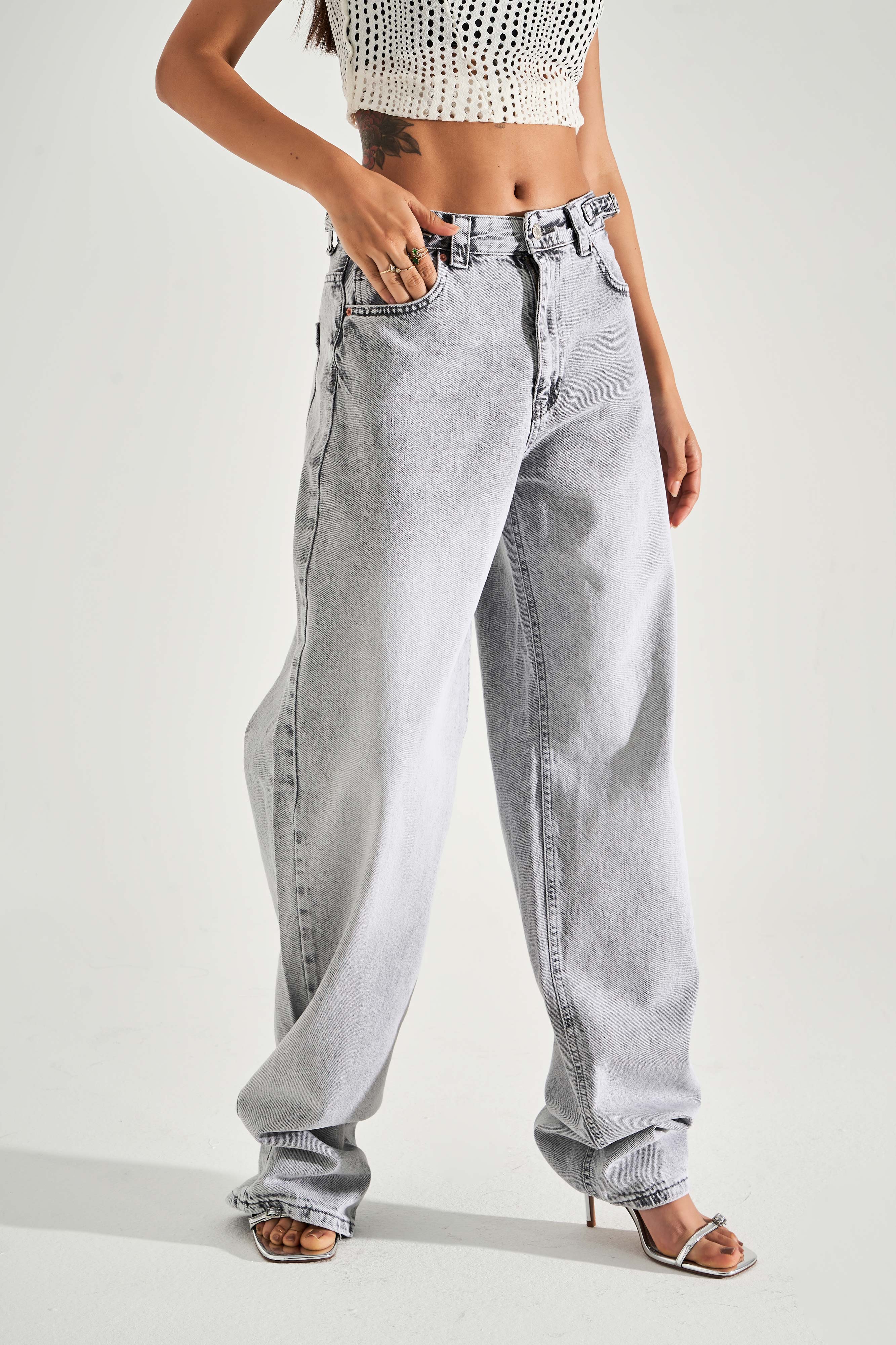 Women's Gray Color Baggy Fit Extra Long Denim Trousers