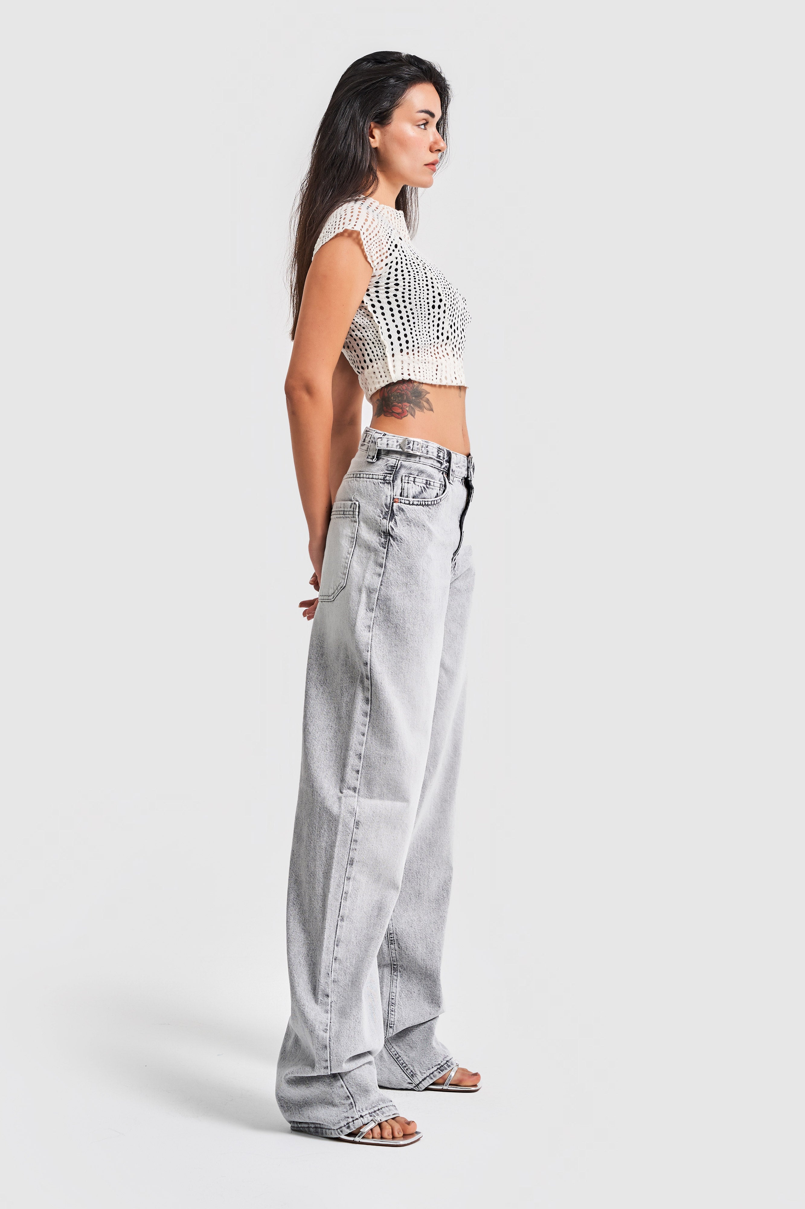 Women's Gray Color Baggy Fit Extra Long Denim Trousers