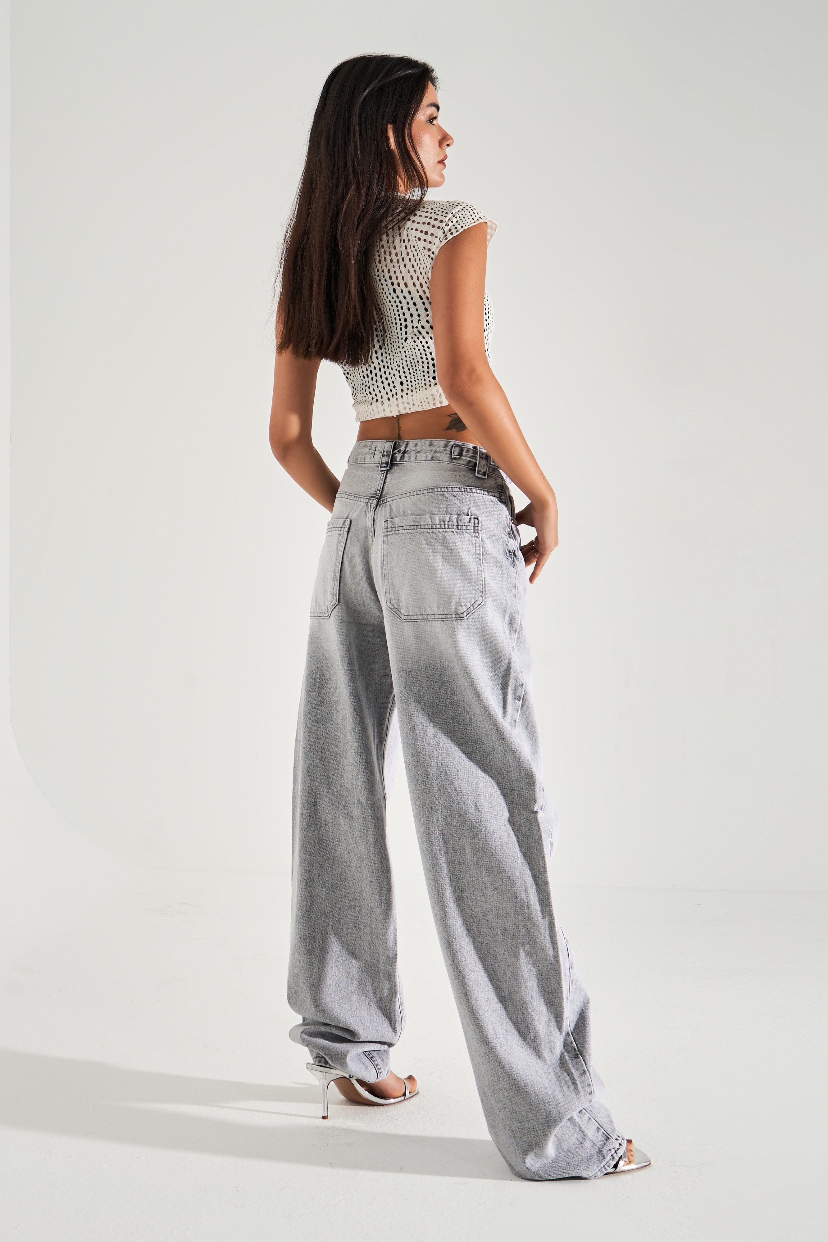 Women's Gray Color Baggy Fit Extra Long Denim Trousers