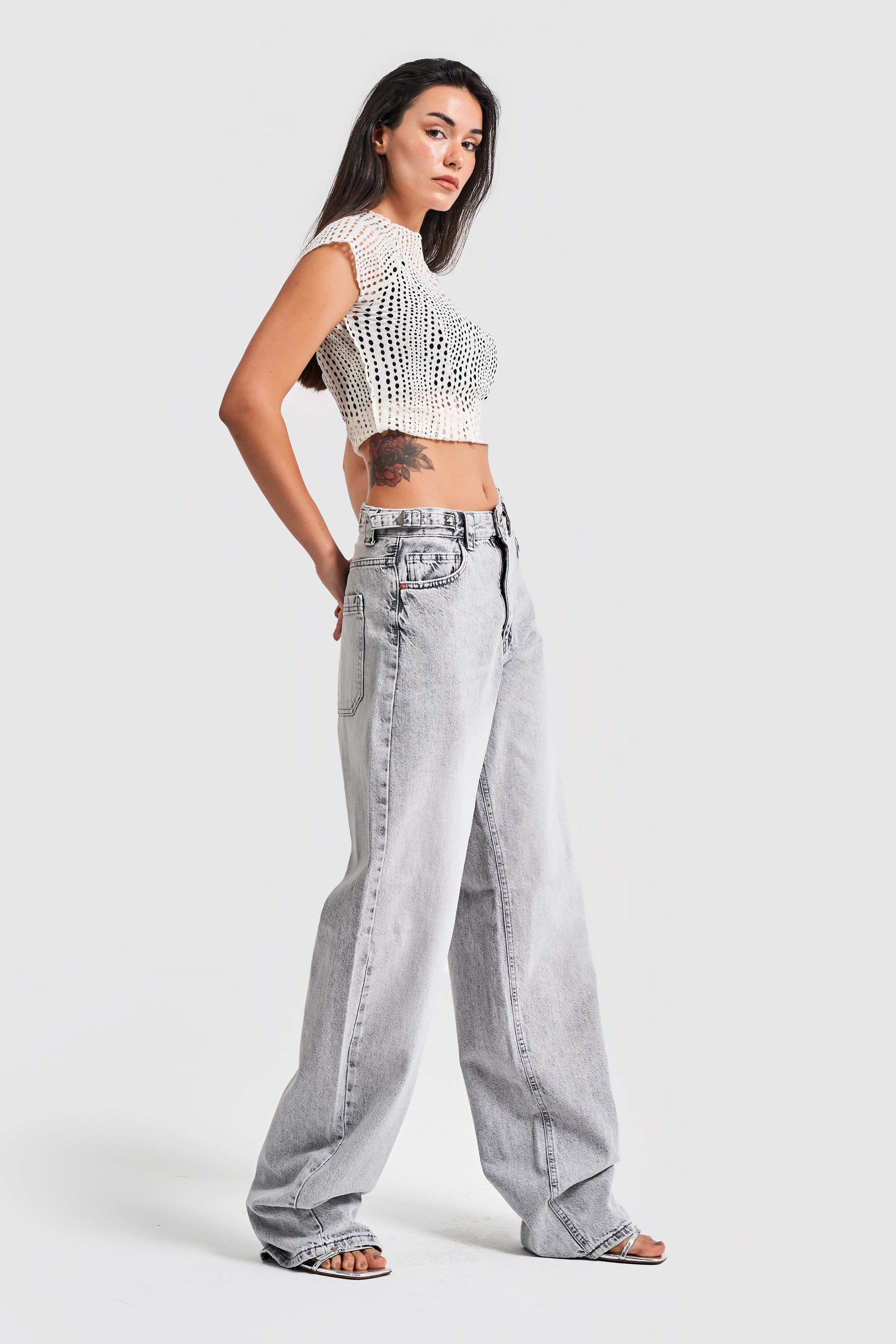 Women's Gray Color Baggy Fit Extra Long Denim Trousers