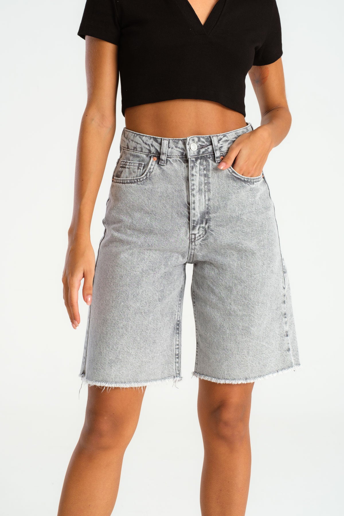 Women's Gray Color Midi Length High Waist Jean Shorts