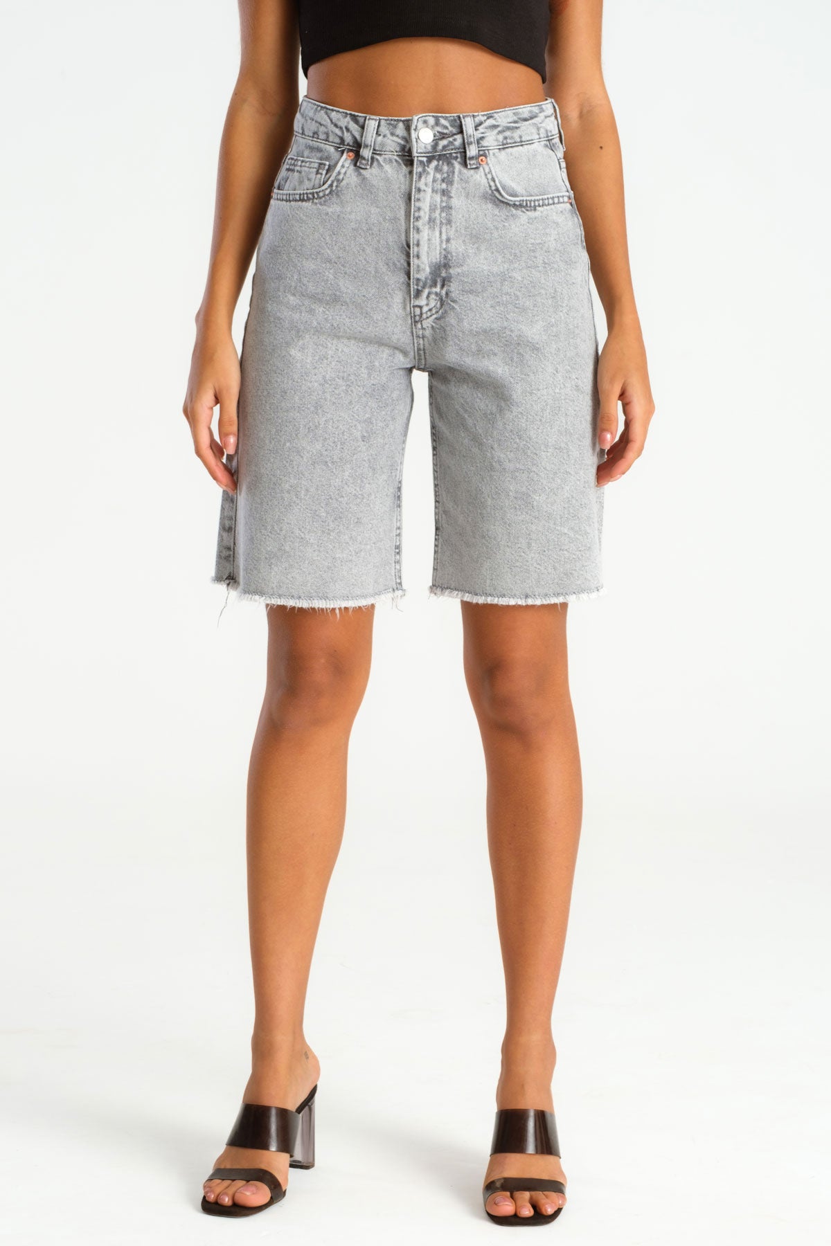 Women's Gray Color Midi Length High Waist Jean Shorts