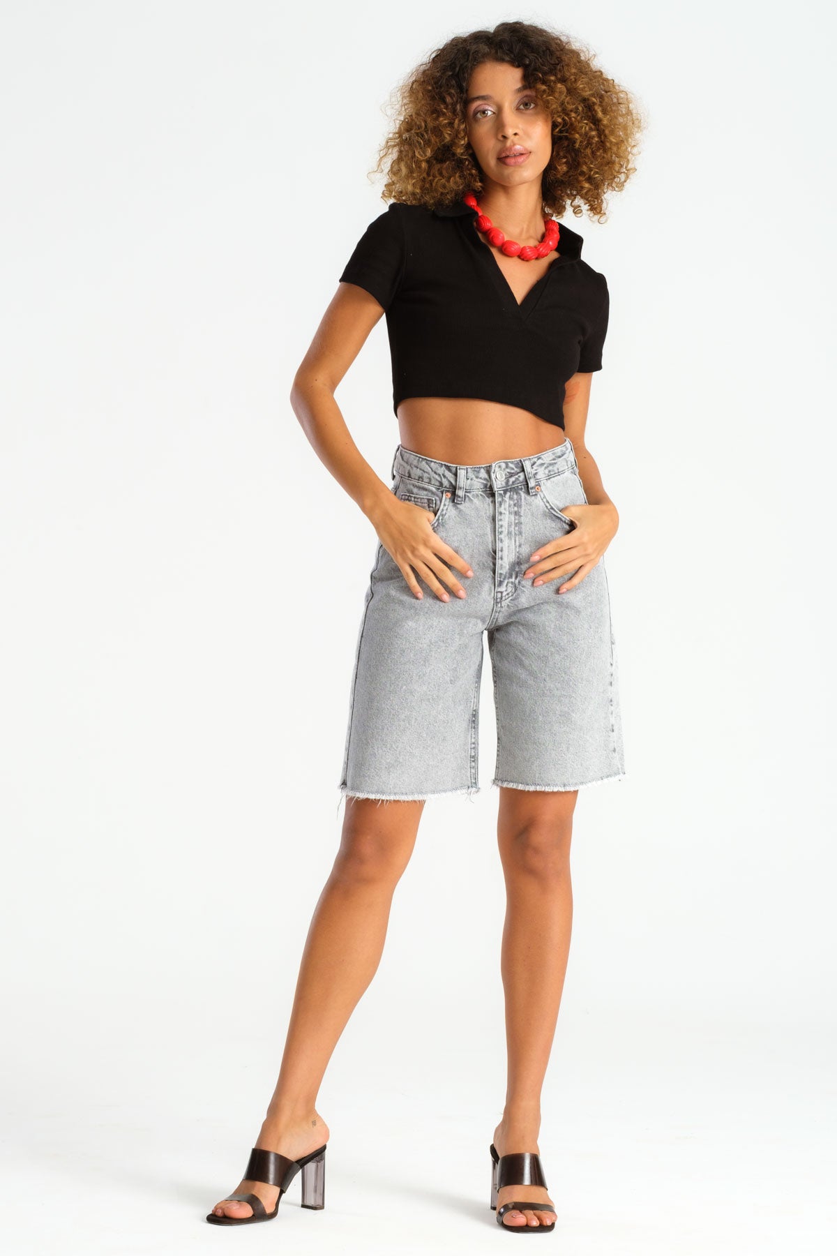 Women's Gray Color Midi Length High Waist Jean Shorts