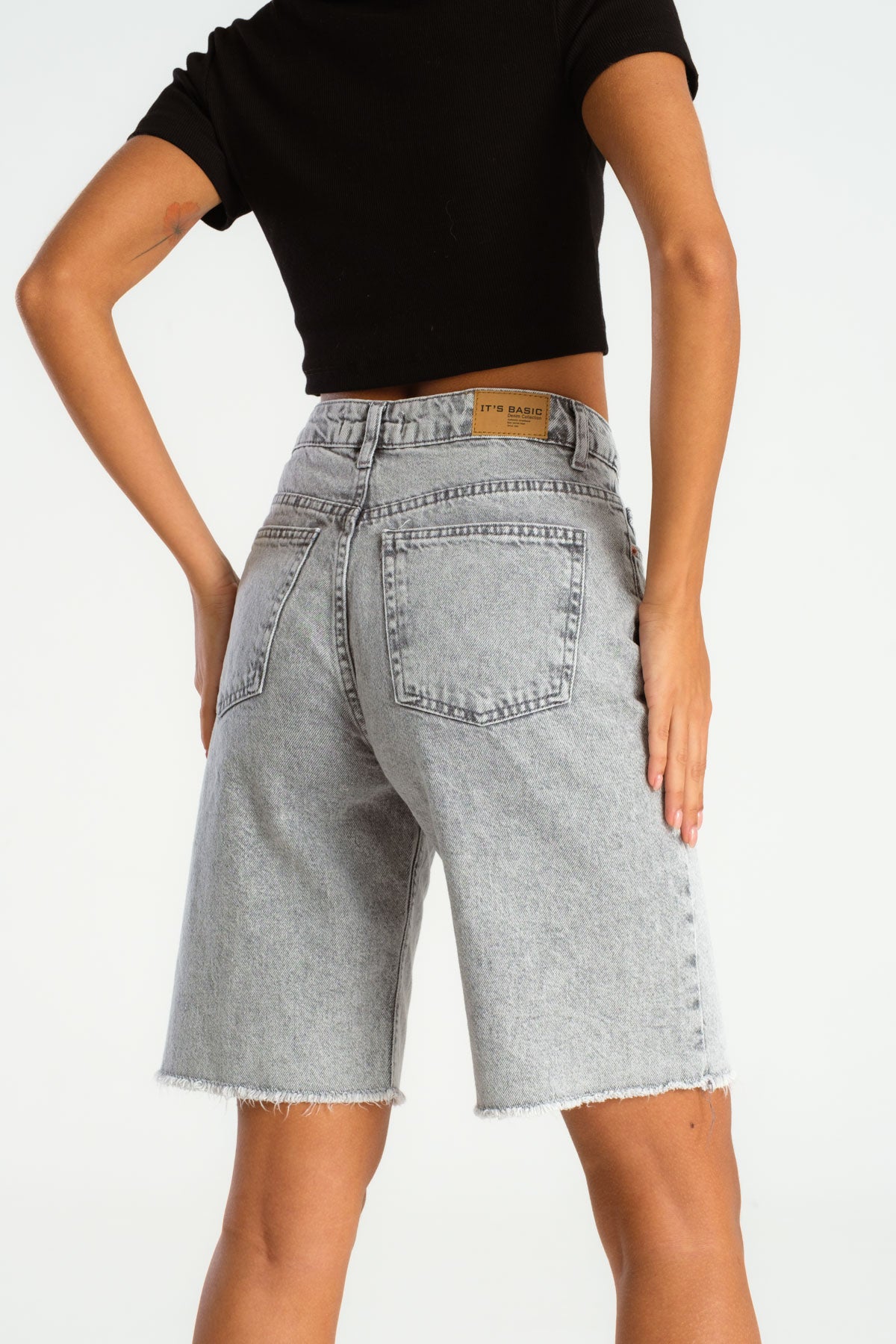 Women's Gray Color Midi Length High Waist Jean Shorts