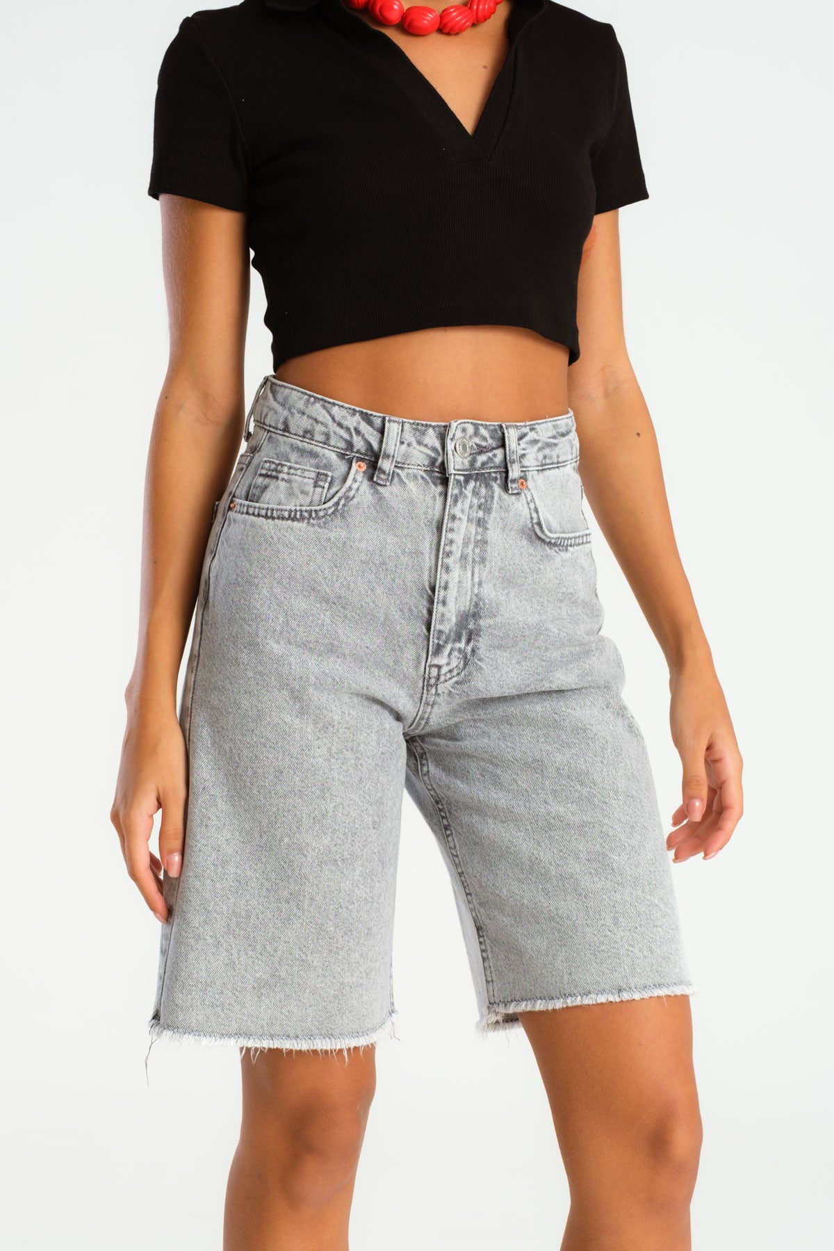 Women's Gray Color Midi Length High Waist Jean Shorts