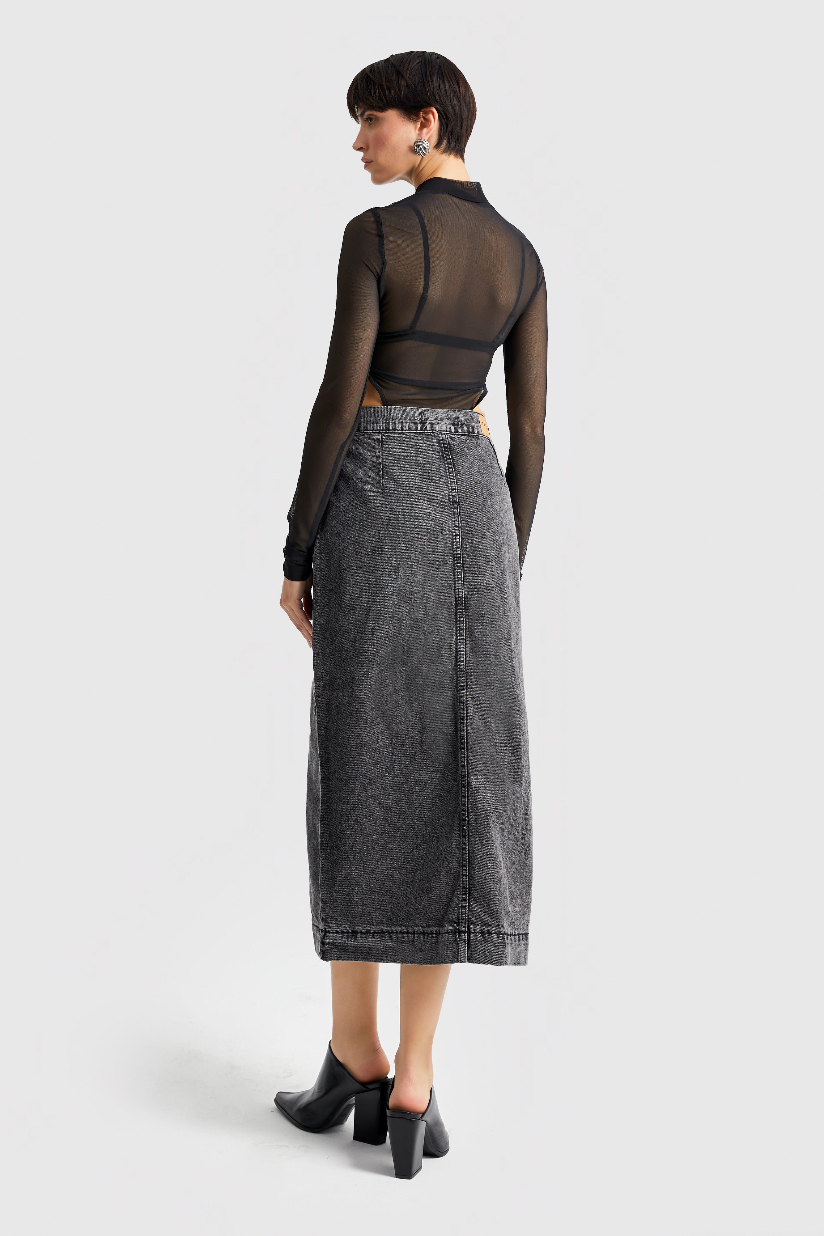 Women's Gray Smoke Color Front Buttoned Maxi Length Denim Skirt