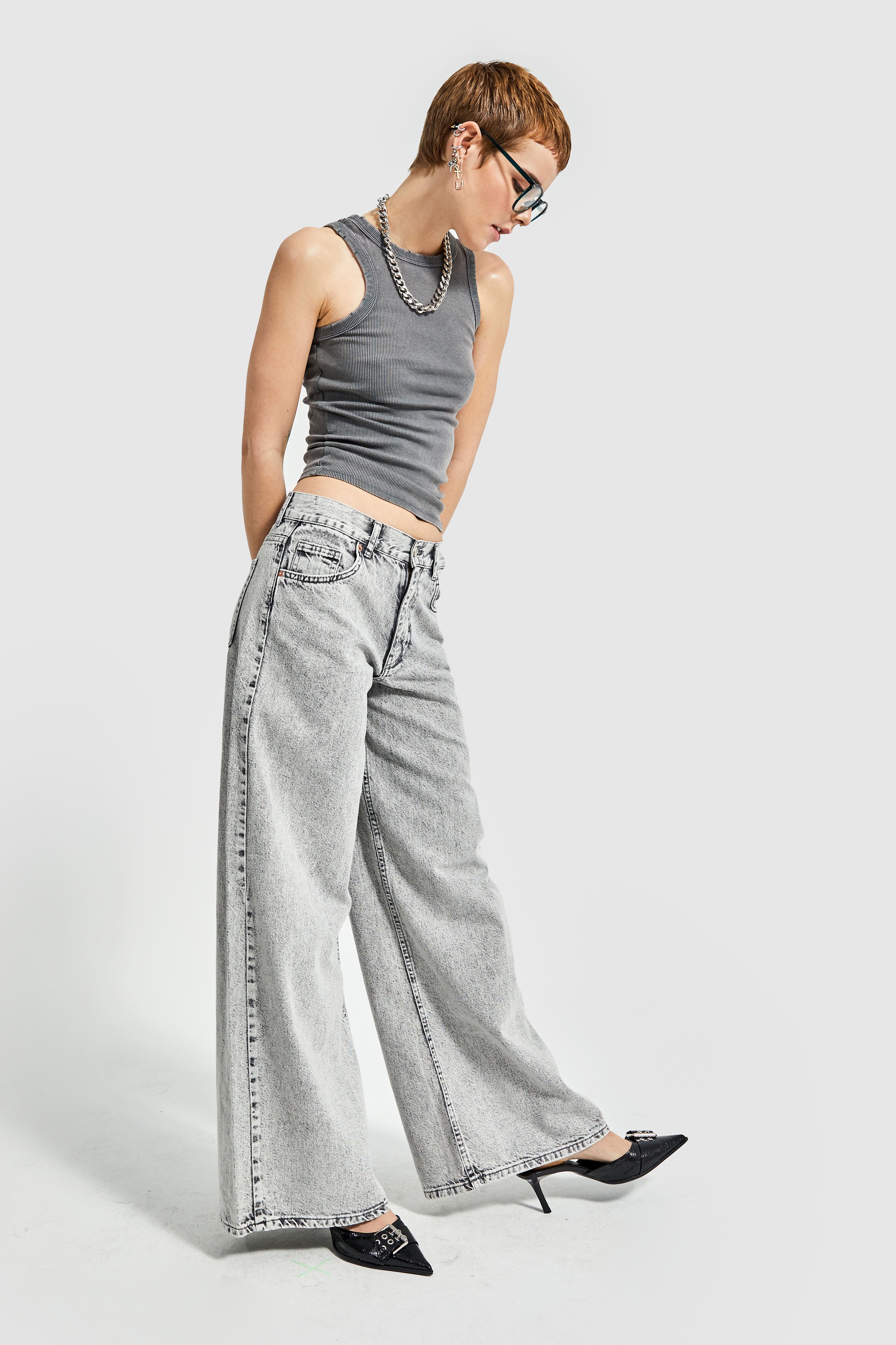 Women's Gray Color Palazzo Fit Denim