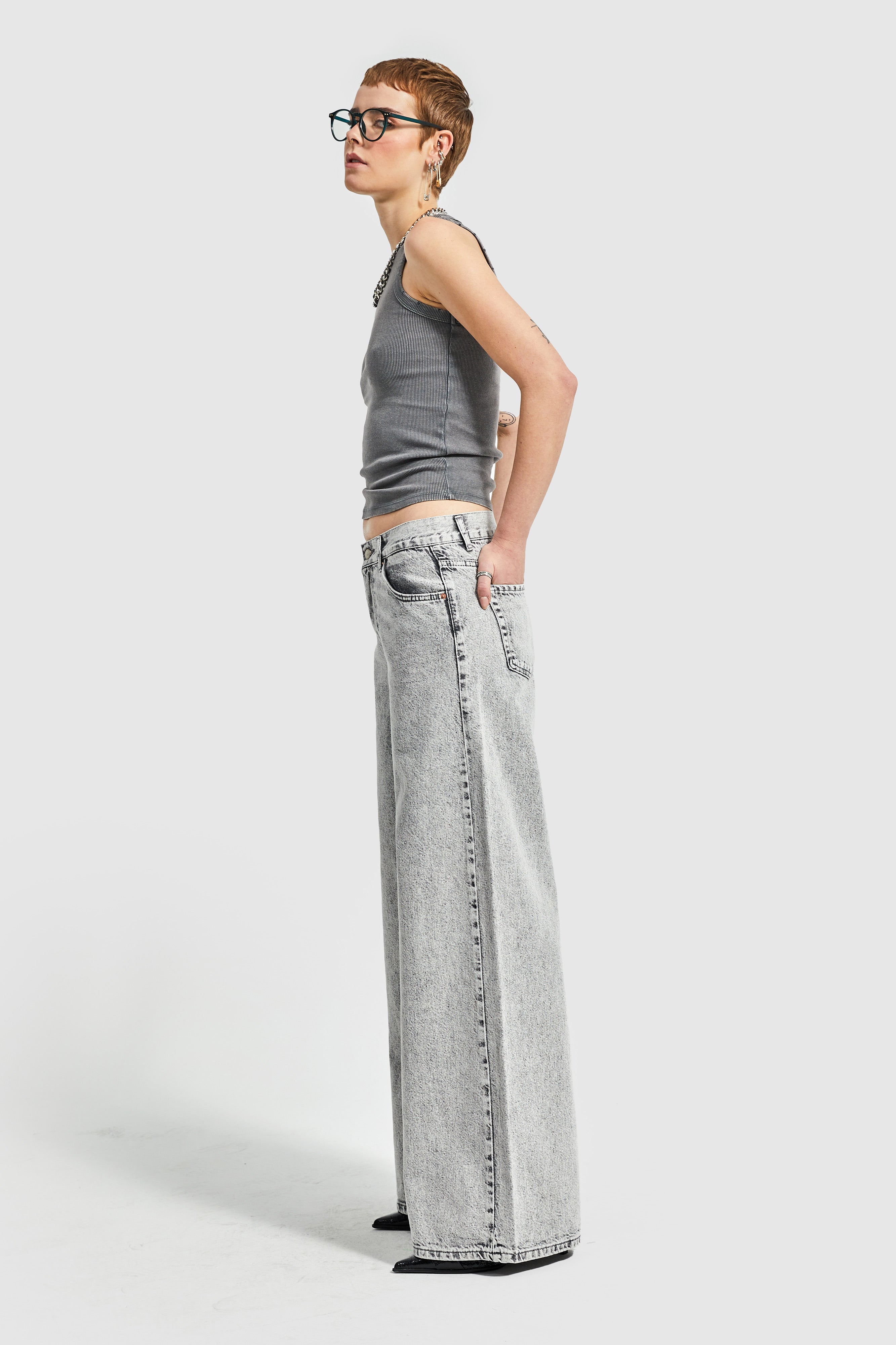 Women's Gray Color Palazzo Fit Denim