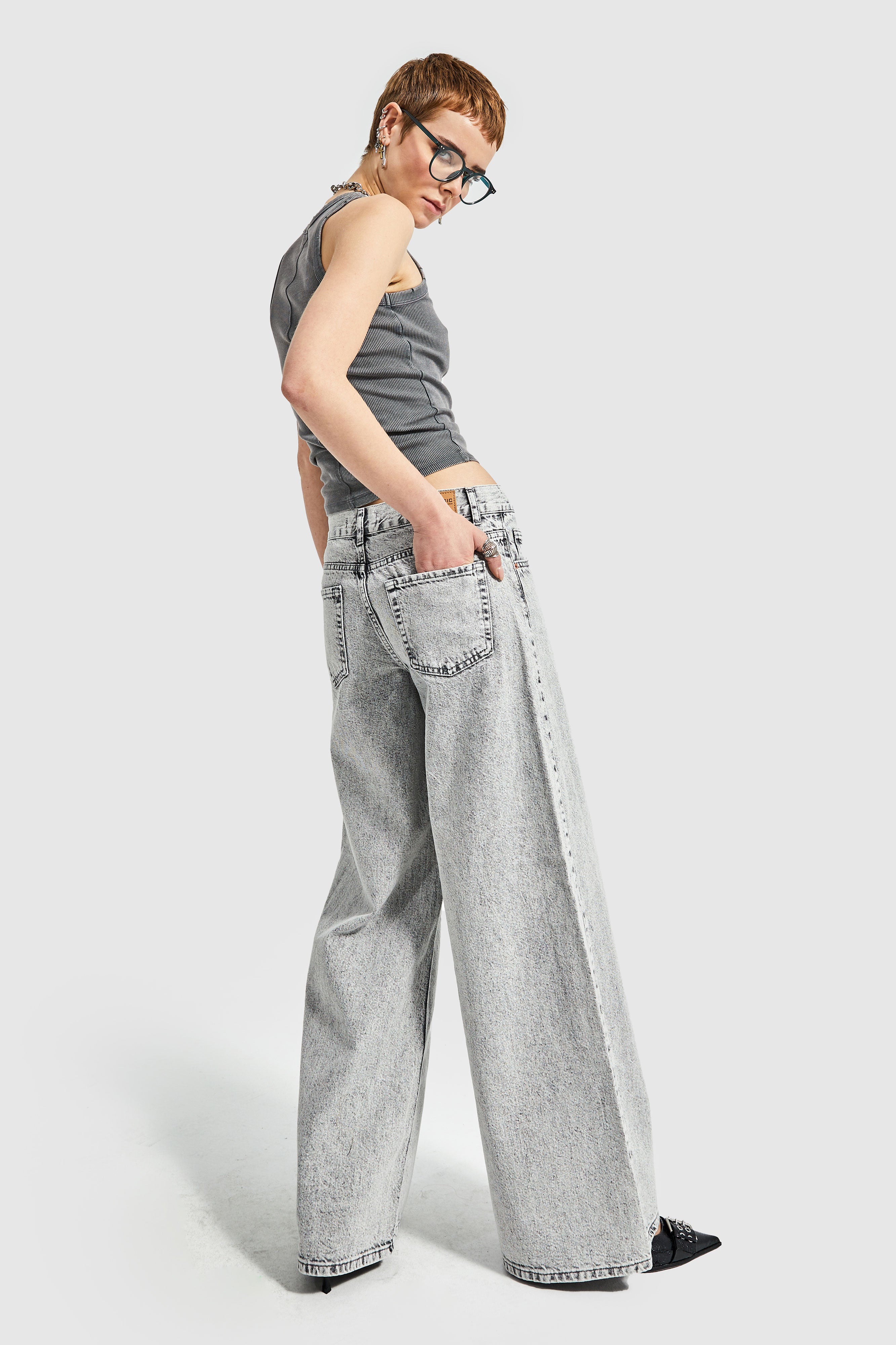 Women's Gray Color Palazzo Fit Denim